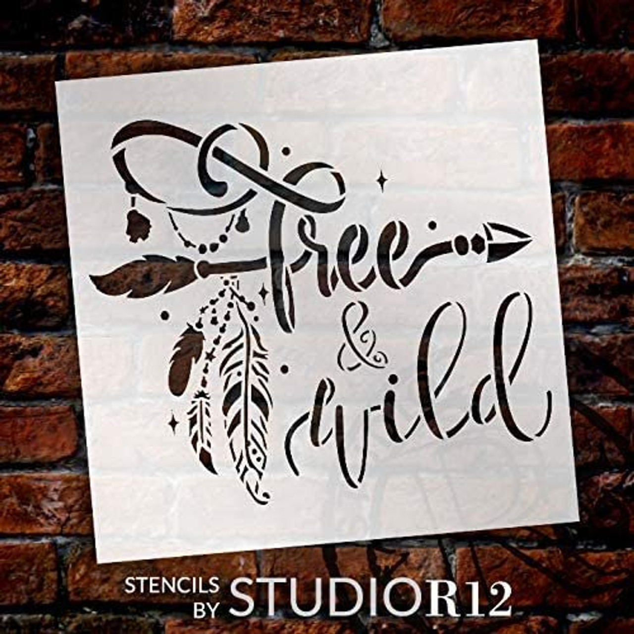 Wild & Free Stencil by StudioR12 | DIY Boho Bohemian Feather Arrow Home Decor Gift | Craft & Paint Wood Sign | Reusable Mylar Template | Select Size