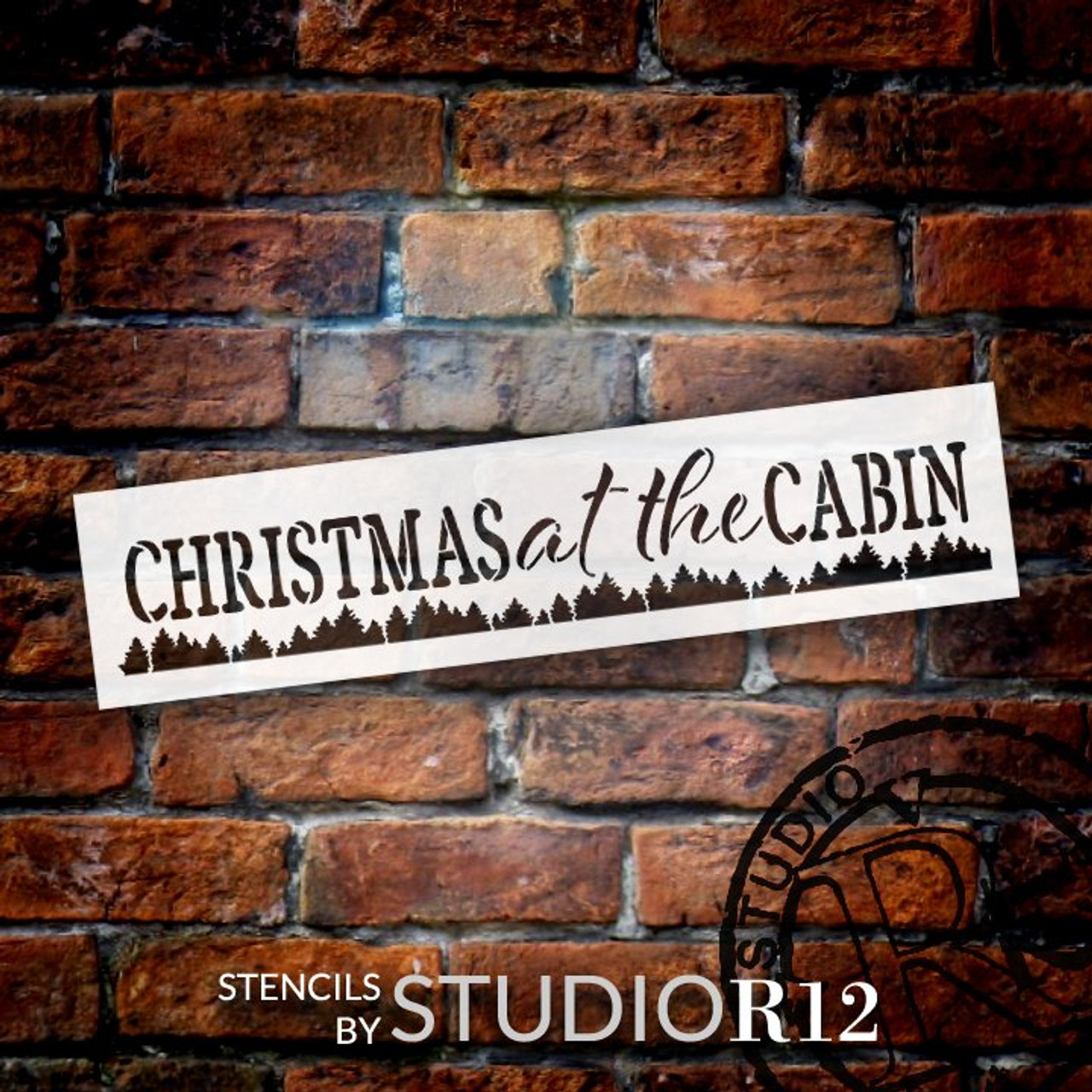 Christmas at The Cabin Stencil with Trees by StudioR12 | DIY Farmhouse Holiday Home Decor | Craft & Paint Wood Signs | Select Size