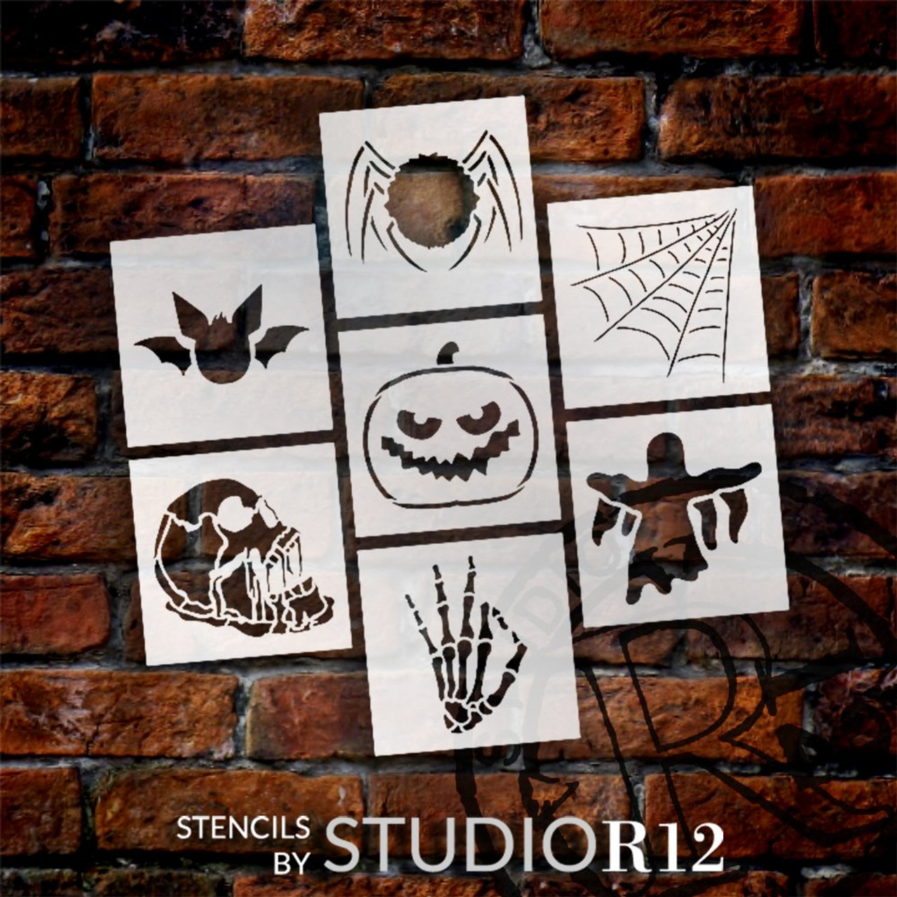 Halloween Stencil Set of 7 by StudioR12 | Spider Web, Bat & Skull | DIY Spooky Fall Home Decor | Paint Haunted Wood Signs | Select Size