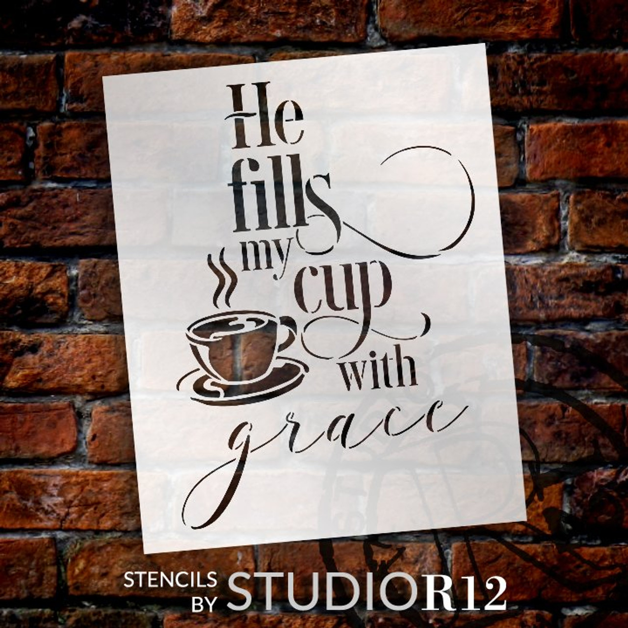 He Fills My Cup with Grace Stencil with Coffee Cup by StudioR12 | DIY Inspirational Faith Home Decor | Paint Wood Sign | Select Size