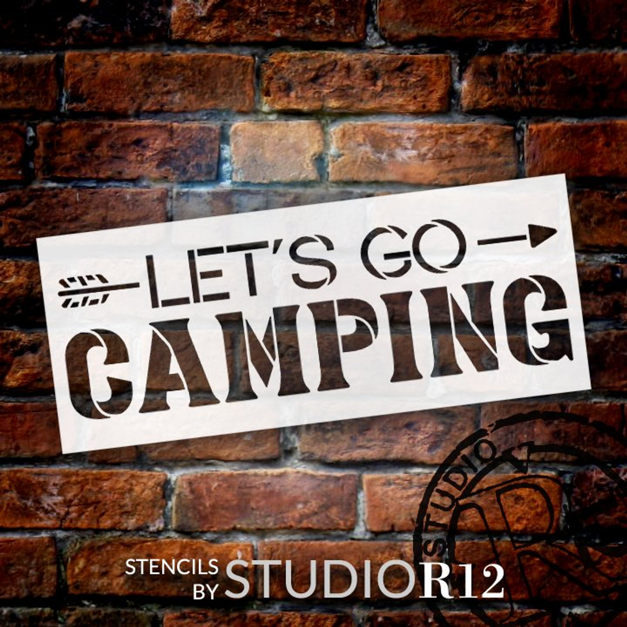 Let's Go Camping Stencil with Arrow by StudioR12 | DIY Country Rustic Home Decor | Camper Adventure Word Art | Craft & Paint Wood Sign | Reusable Mylar Template | Size 13.5 x 5.5 inch