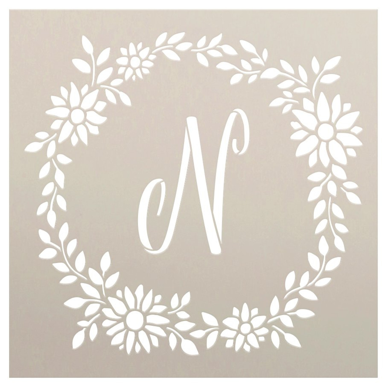 Daisy Script Monogram Stencil with Wreath by StudioR12 | DIY Bohemian Home Decor | Craft & Paint Boho Wood Signs | Select Size & Letter