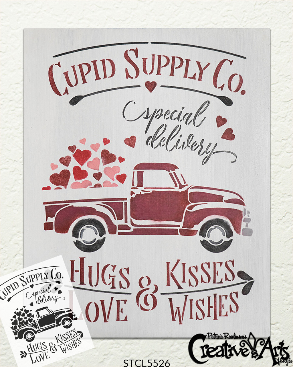Cupid Supply Co Stencil with Hearts & Vintage Truck by StudioR12 | DIY Valentine Home Decor | Craft & Paint Wood Signs | Select Size