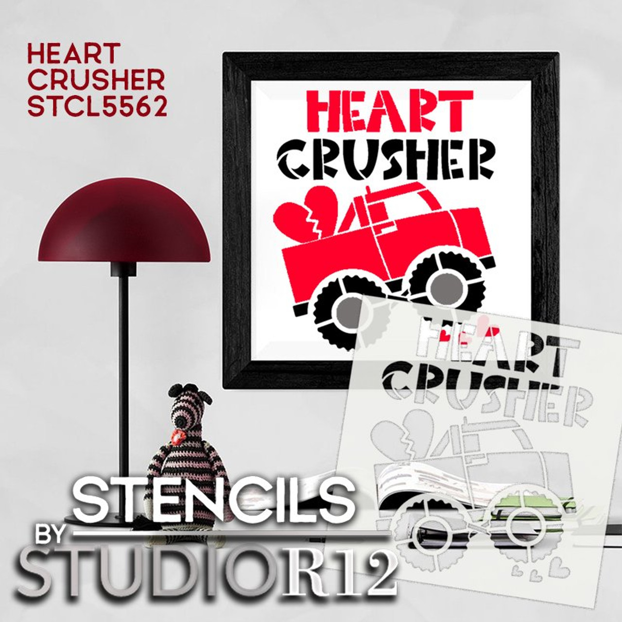 Heart Crusher Stencil with Monster Truck by StudioR12 | Fun DIY Boys Valentine | Craft & Paint Wood Signs and Home Decor | Select Size