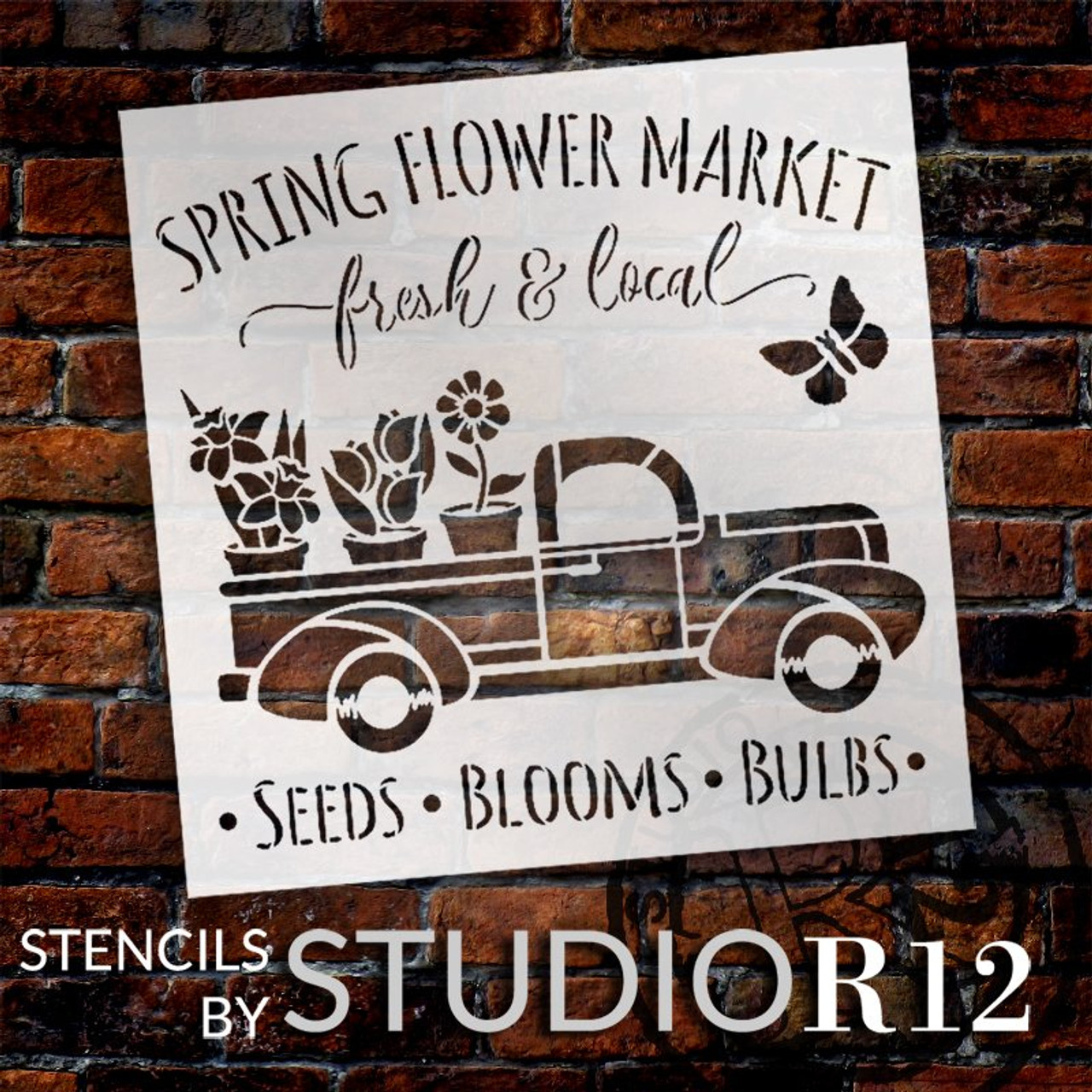 Spring Flower Market Stencil with Vintage Truck by StudioR12 | DIY Floral Farmhouse Home Decor | Craft & Paint Wood Signs | Select Size