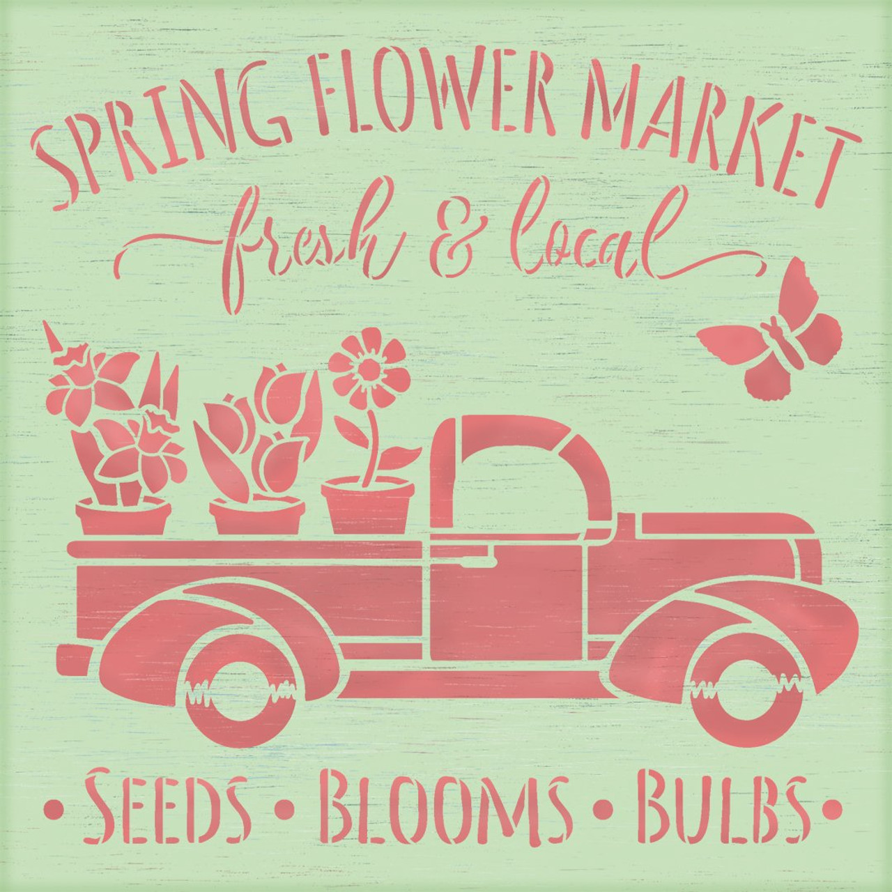 Spring Flower Market Stencil with Vintage Truck by StudioR12 | DIY Floral Farmhouse Home Decor | Craft & Paint Wood Signs | Select Size