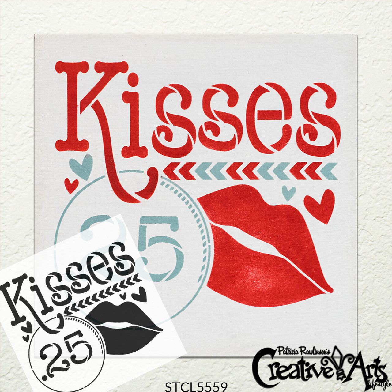 Kisses 25 Cents Stencil with Lips & Hearts by StudioR12 | DIY Simple Valentine's Day Home Decor | Craft & Paint Wood Sign | Select Size