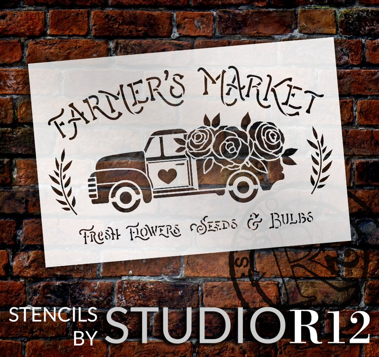 Farmer's Market Stencil with Vintage Truck & Roses by StudioR12 | DIY Spring Home Decor | Craft & Paint Wood Signs | Select Size