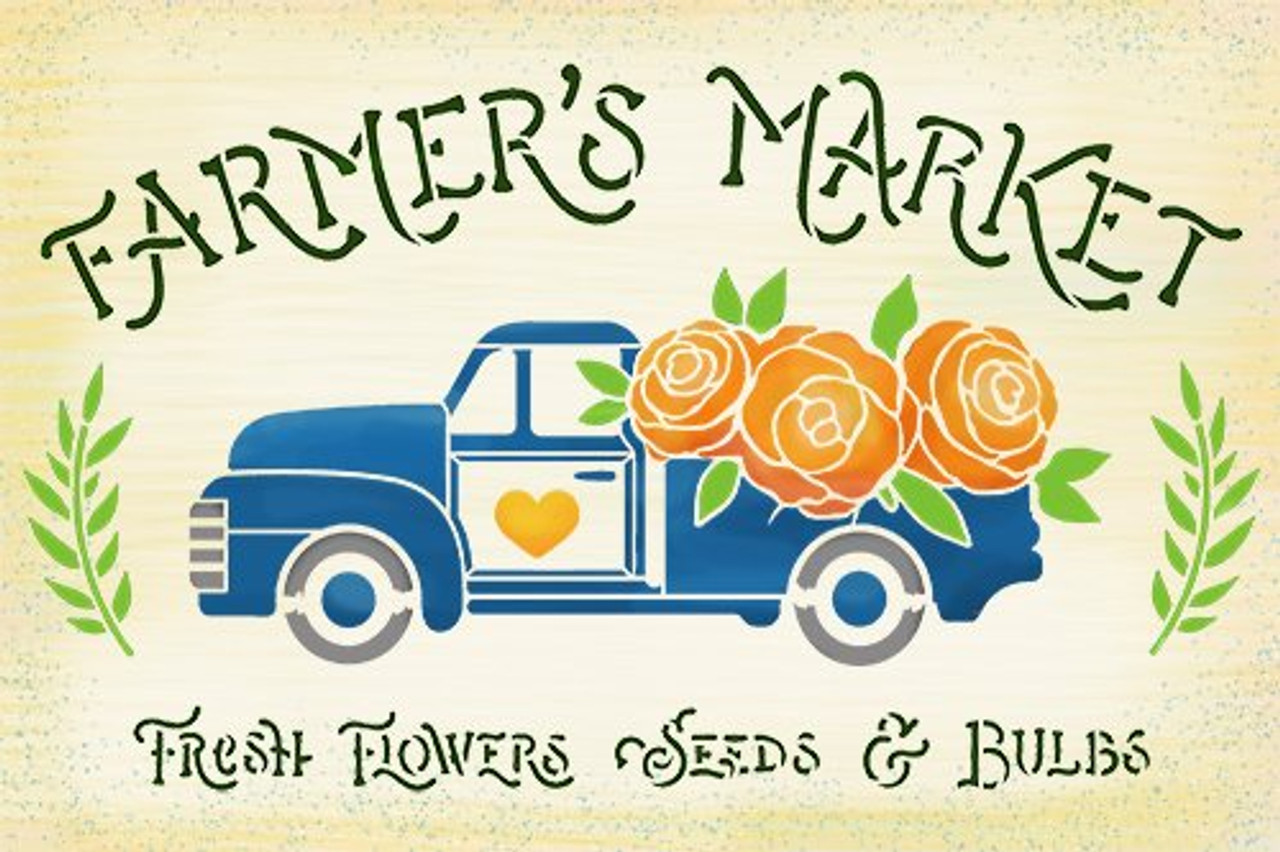 Farmer's Market Stencil with Vintage Truck & Roses by StudioR12 | DIY Spring Home Decor | Craft & Paint Wood Signs | Select Size