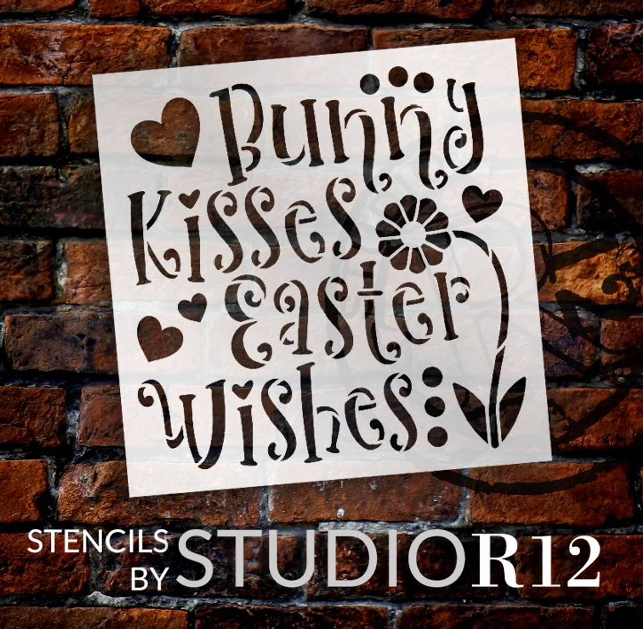 Bunny Kisses Easter Wishes Stencil with Flower & Hearts by StudioR12 | DIY Farmhouse Spring Home Decor | Paint Wood Signs | Select Size