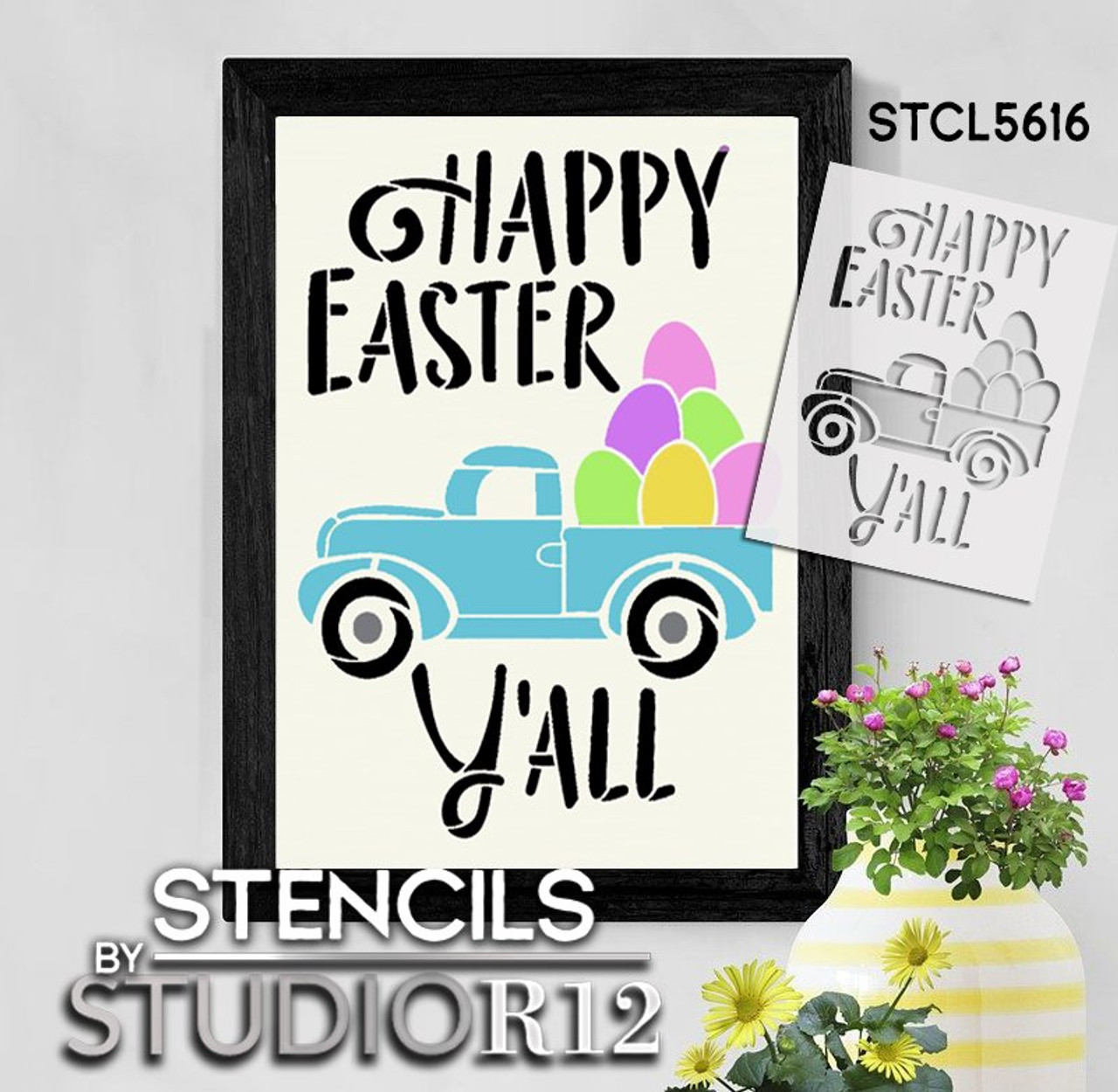 Happy Easter Y'all Stencil with Vintage Truck by StudioR12 | DIY Country Spring Home Decor | Craft & Paint Wood Sign | Select Size