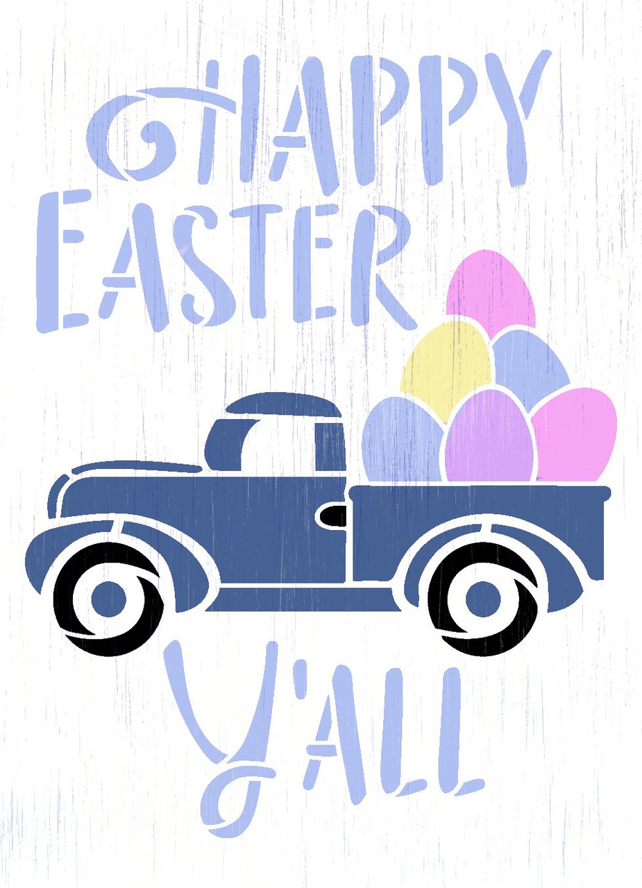 Happy Easter Y'all Stencil with Vintage Truck by StudioR12 | DIY Country Spring Home Decor | Craft & Paint Wood Sign | Select Size