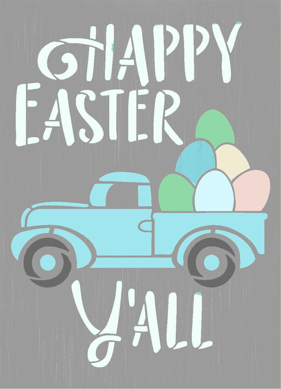 Happy Easter Y'all Stencil with Vintage Truck by StudioR12 | DIY Country Spring Home Decor | Craft & Paint Wood Sign | Select Size