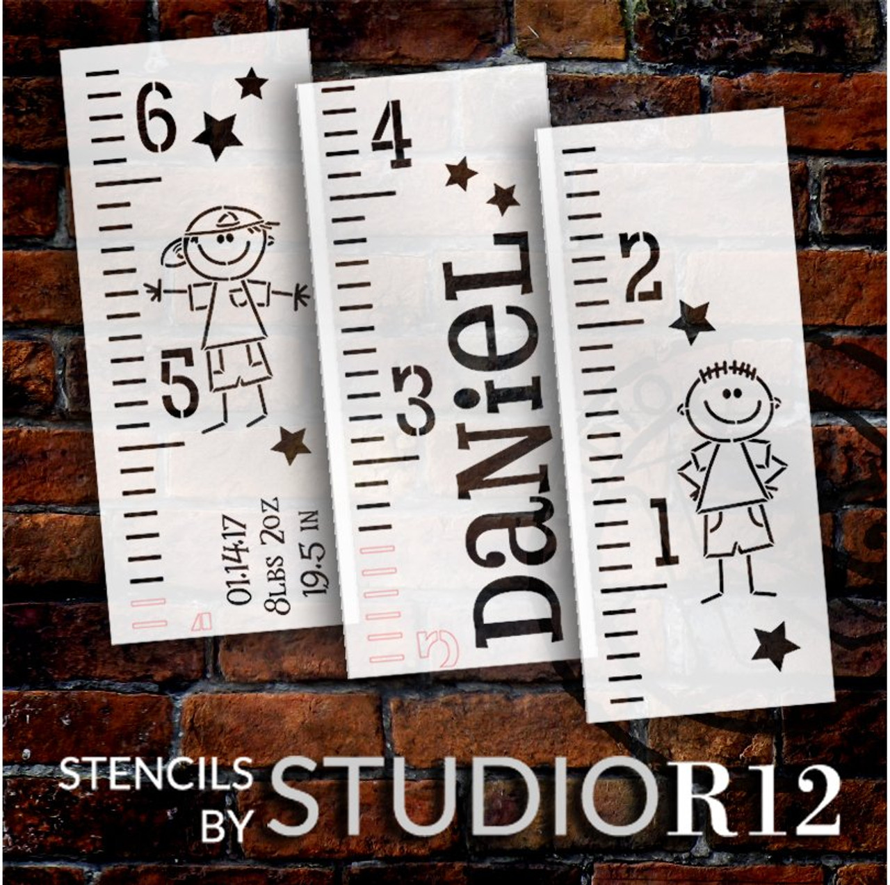 Personalized Boy Growth Chart Ruler 3-Part Stencil by StudioR12 | DIY Bedroom & Nursery Wall Decor | Craft & Paint Tall Wood Signs | Size (6 ft)