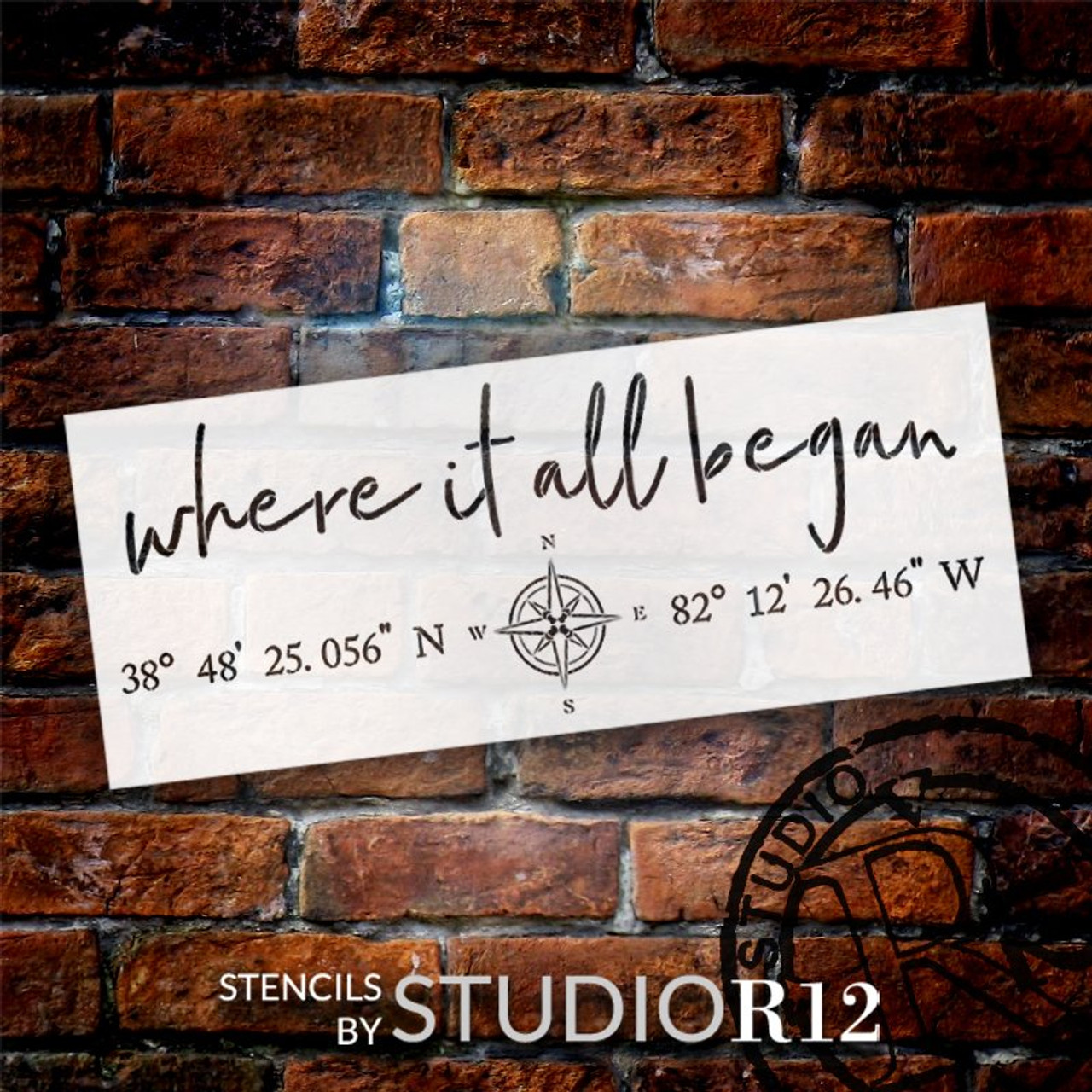 Personalized Where It All Began Stencil with Compass by StudioR12 | DIY Custom Home Coordinates Decor | Paint Family Wood Signs | Size (27 x 11 inch)
