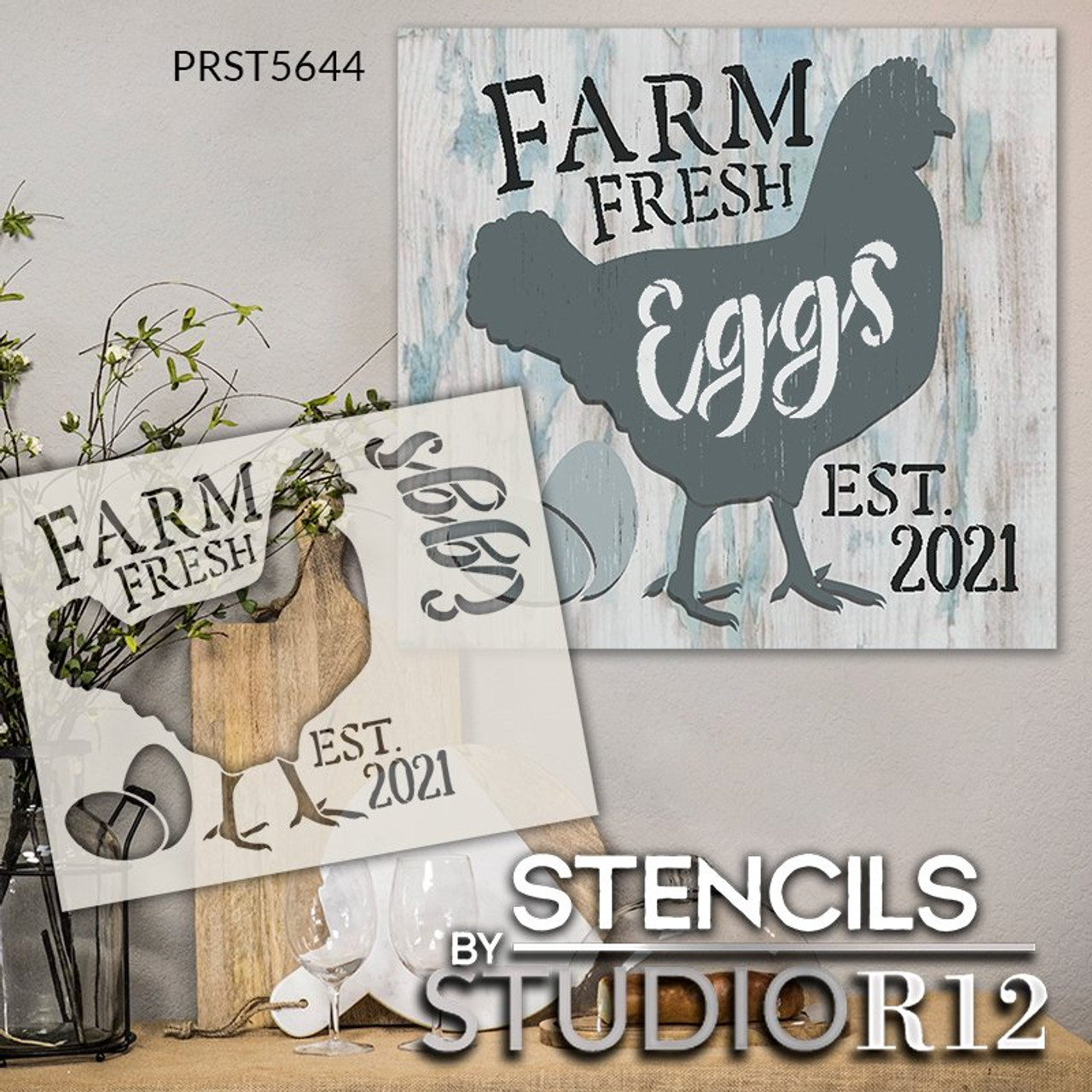 Personalized Farm Fresh Eggs Stencil by StudioR12 | Custom Established Date | DIY Farmhouse Chicken Decor for Kitchen | Select Size