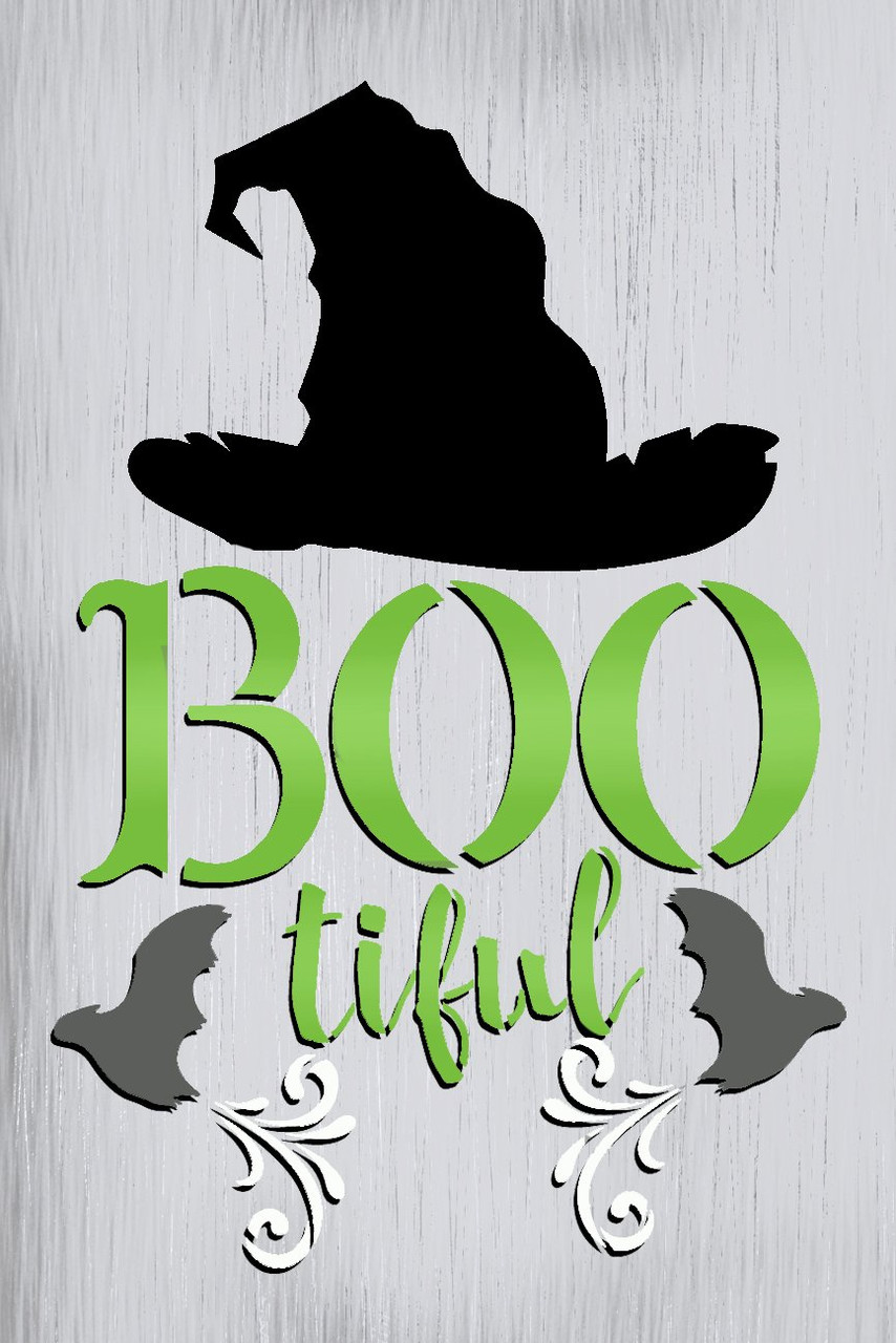 BOOtiful Stencil by StudioR12 | Witch Hat - Bats | DIY Fall Halloween Home Decor | Craft & Paint Wood Sign | Reusable Mylar Template | Select Size