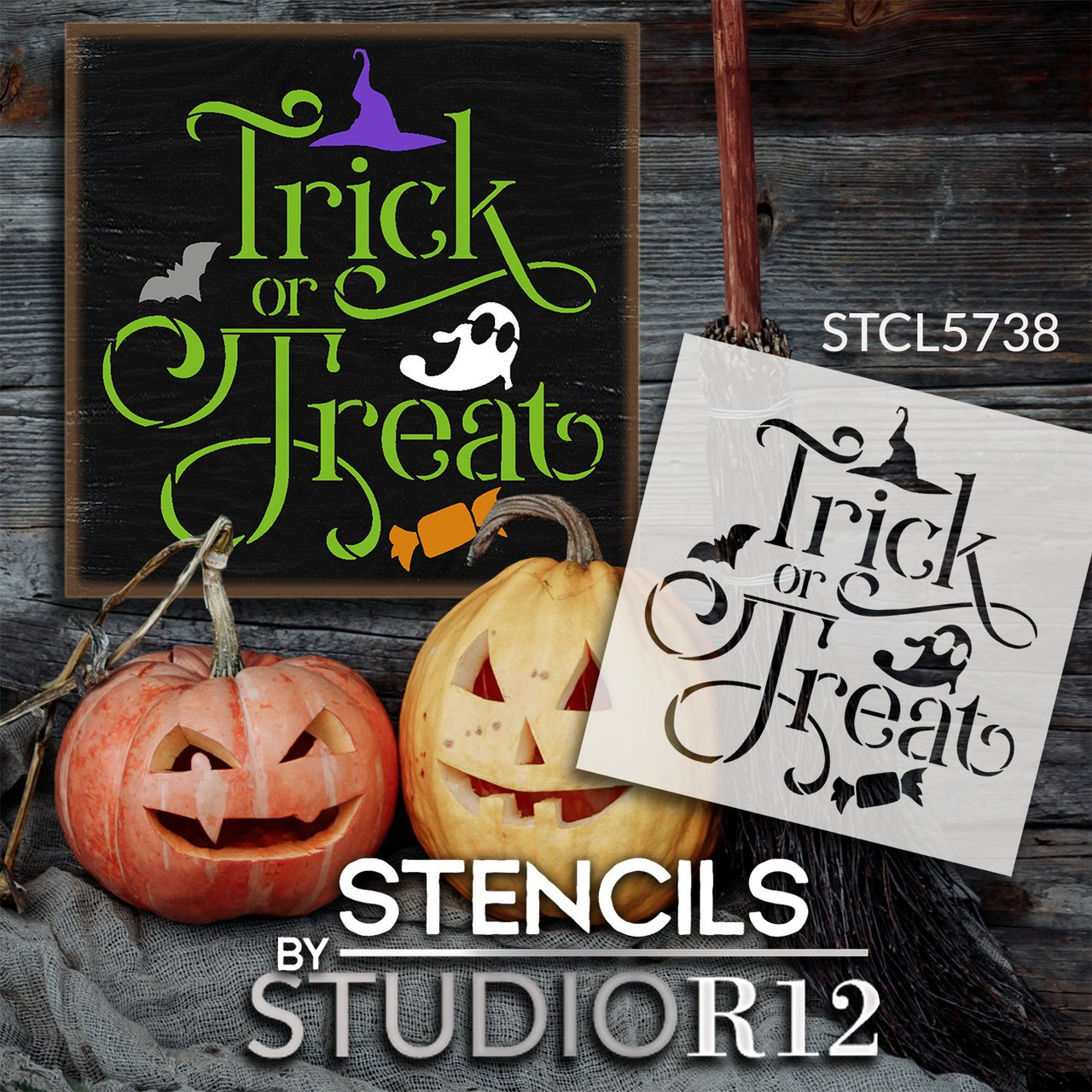 Trick or Treat Halloween Stencil by StudioR12 | DIY Autumn Fall Home Decor | Craft & Paint Square Wood Sign | Reusable Mylar Template | Select Size