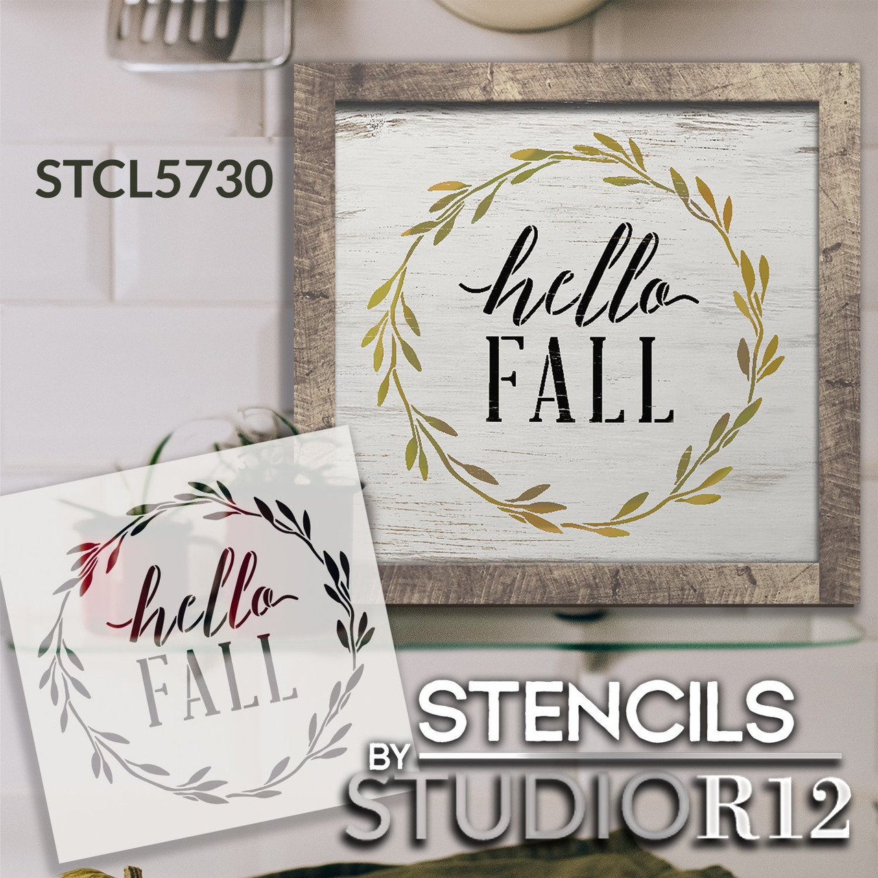 Hello Fall Wreath Stencil by StudioR12 | DIY Autumn Leaves Cursive Script Home Decor | Craft & Paint Wood Sign | Reusable Mylar Template | Select Size