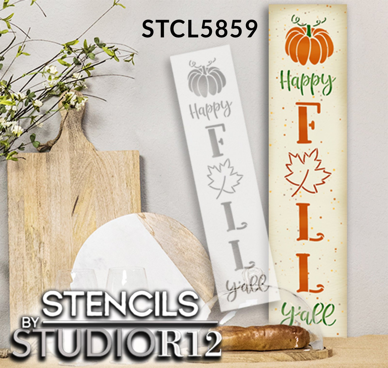 Happy Fall Y'all Stencil by StudioR12 | Craft DIY Autumn Leaf Pumpkin Porch Leaner Home Decor | Paint Wood Sign Reusable Mylar Template | Select Size