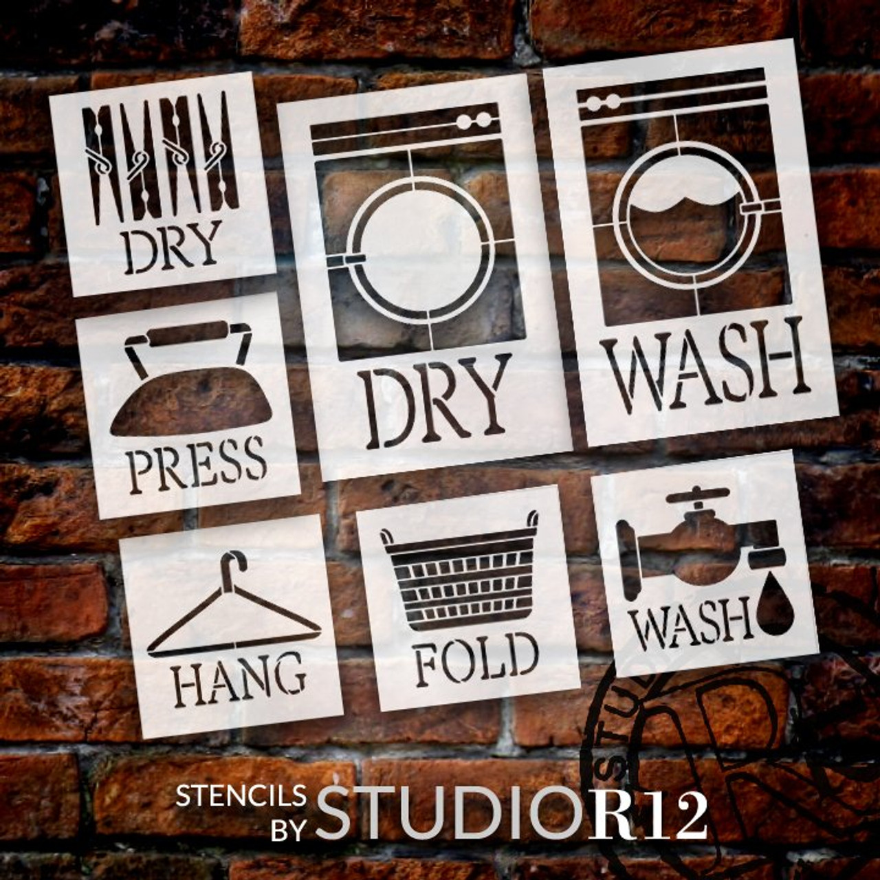 Laundry Room Symbols 7-Piece Stencil Set by StudioR12 | Wash Dry Fold Press Hang | DIY Home Decor | Craft & Paint Wood Sign | Reusable Mylar Template