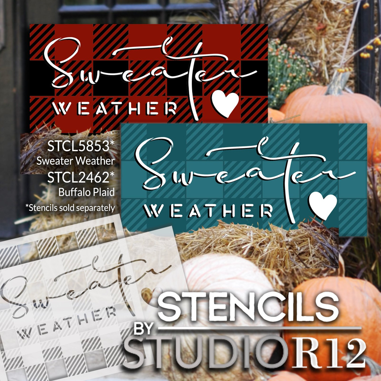 Sweater Weather Script Stencil with Heart by StudioR12 | DIY Autumn & Fall Home Decor | Craft & Paint Holiday Wood Signs | Select Size