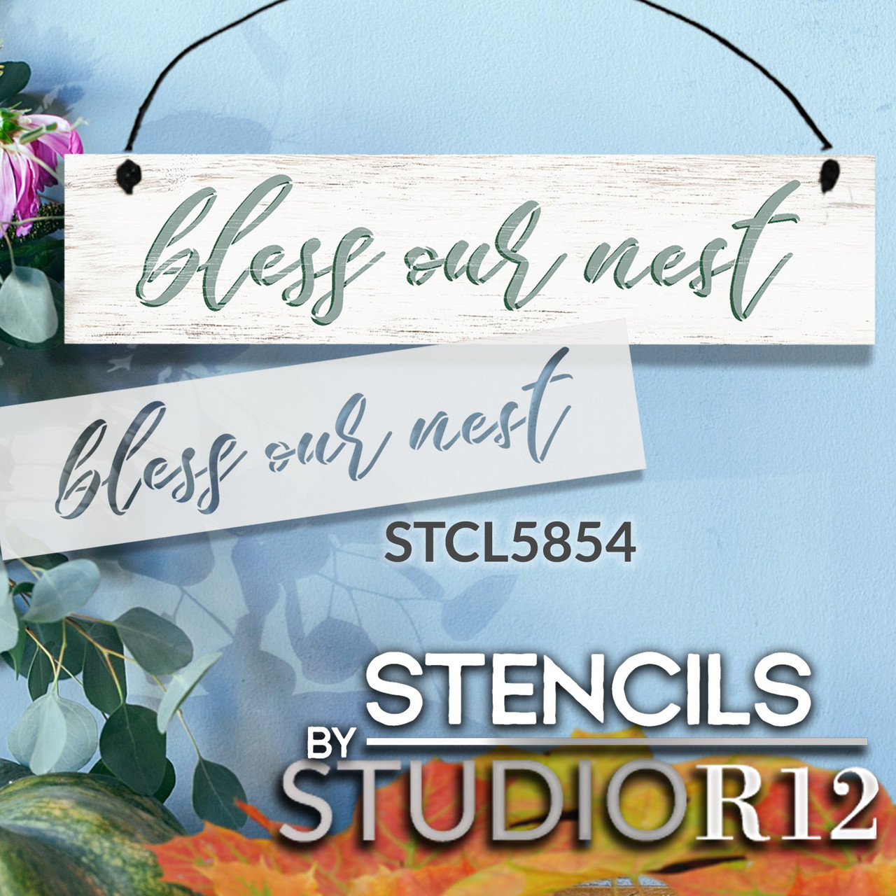 Bless Our Nest Script Stencil by StudioR12 | DIY Simple Family Home Decor | Craft & Paint Rustic Farmhouse Wood Signs | Select Size