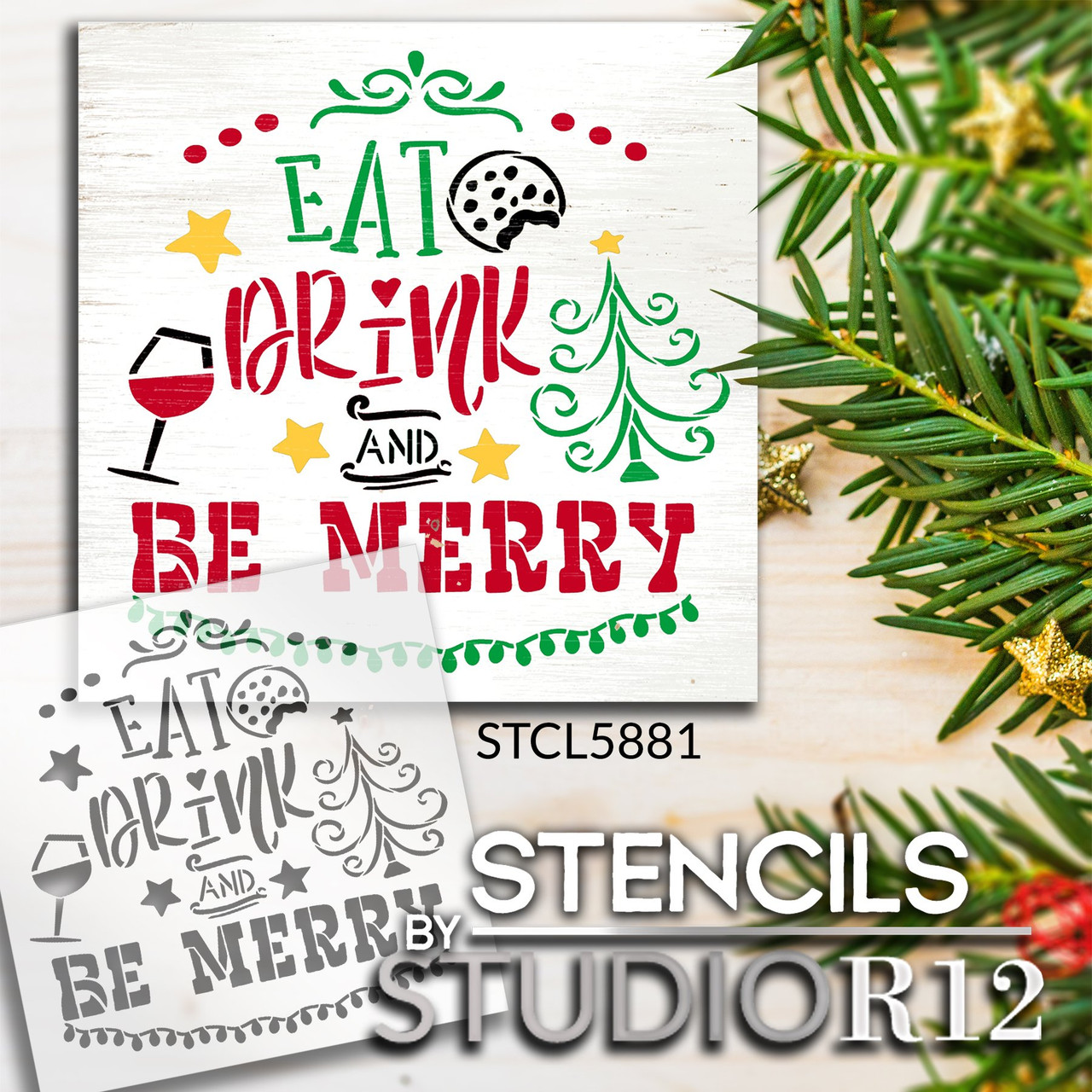 Eat Drink & Be Merry Stencil by StudioR12 | Craft DIY Christmas Holiday Home Decor | Paint Winter Wood Sign | Reusable Mylar Template | Select Size