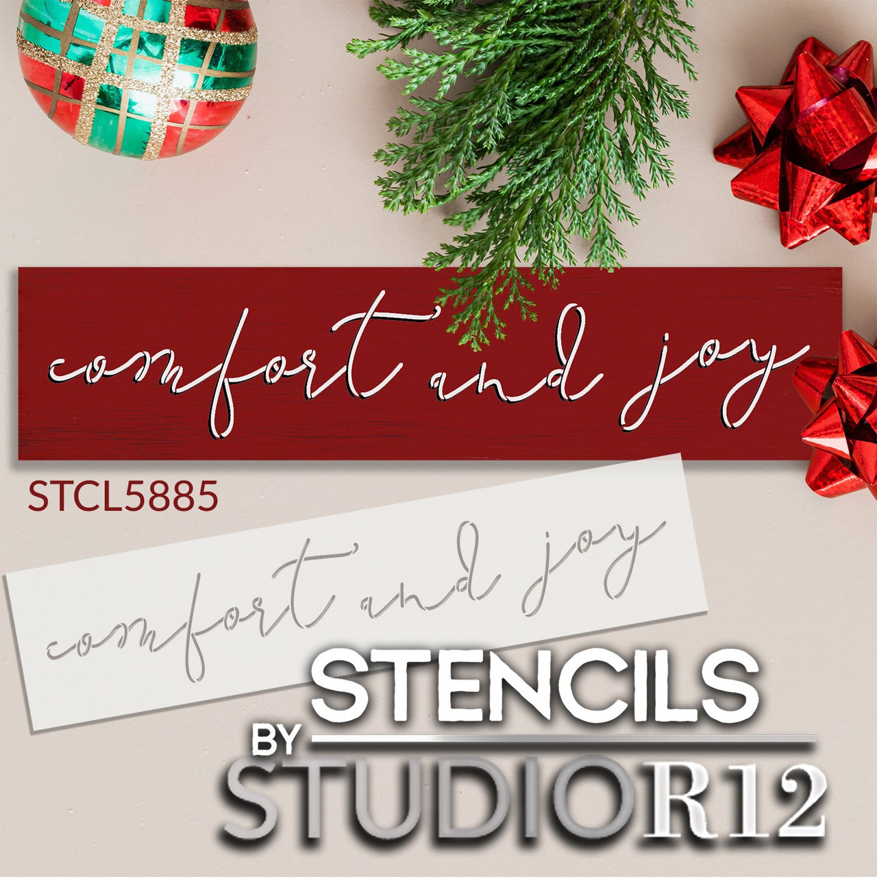 Comfort and Joy Stencil by StudioR12 | Craft DIY Christmas Holiday Home Decor | Paint Cursive Script Wood Sign | Reusable Mylar Template | Select Size