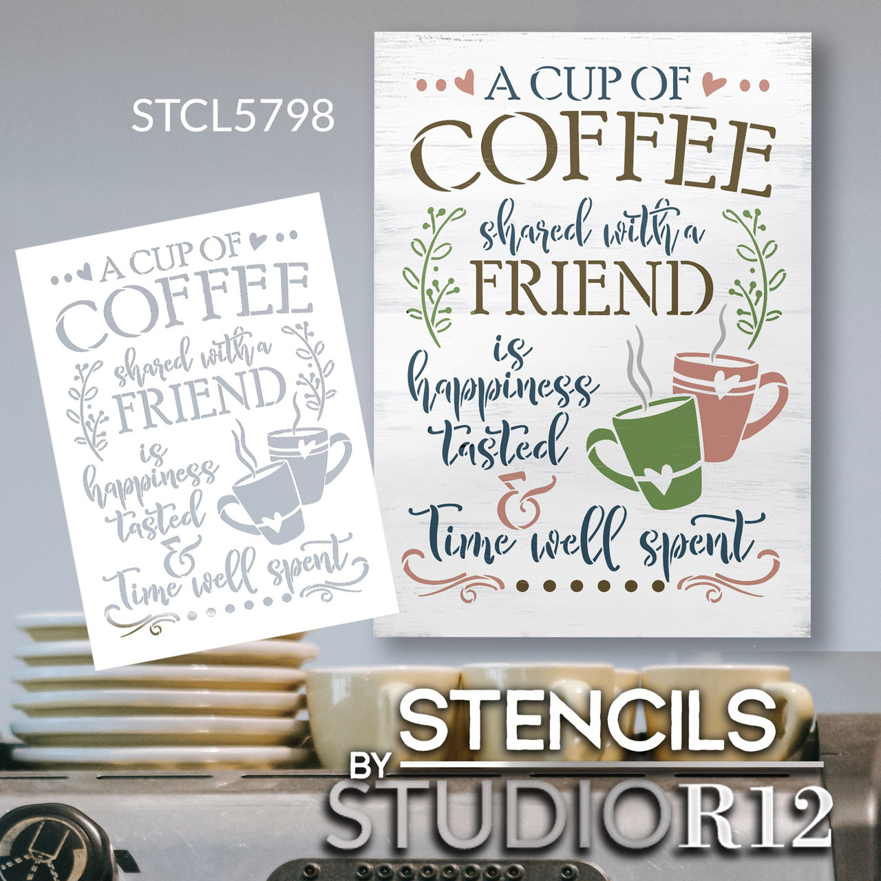 Coffee with Friend - Happiness Tasted Stencil by StudioR12 | DIY Kitchen Home Decor | Craft & Paint Wood Sign | Reusable Mylar Template | Select Size