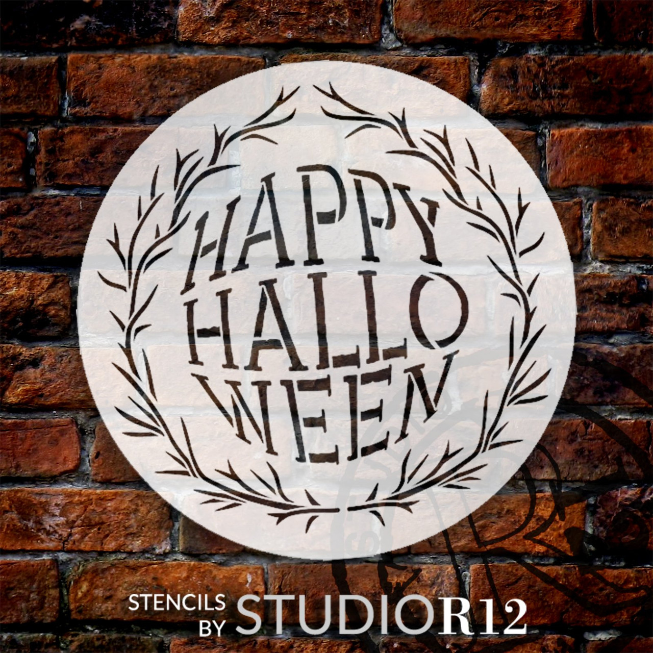 Happy Halloween Twig Wreath Round Stencil by StudioR12 | Craft DIY Fall Fisheye Home Decor | Paint Autumn Tree Branch Wood Sign | Select Size