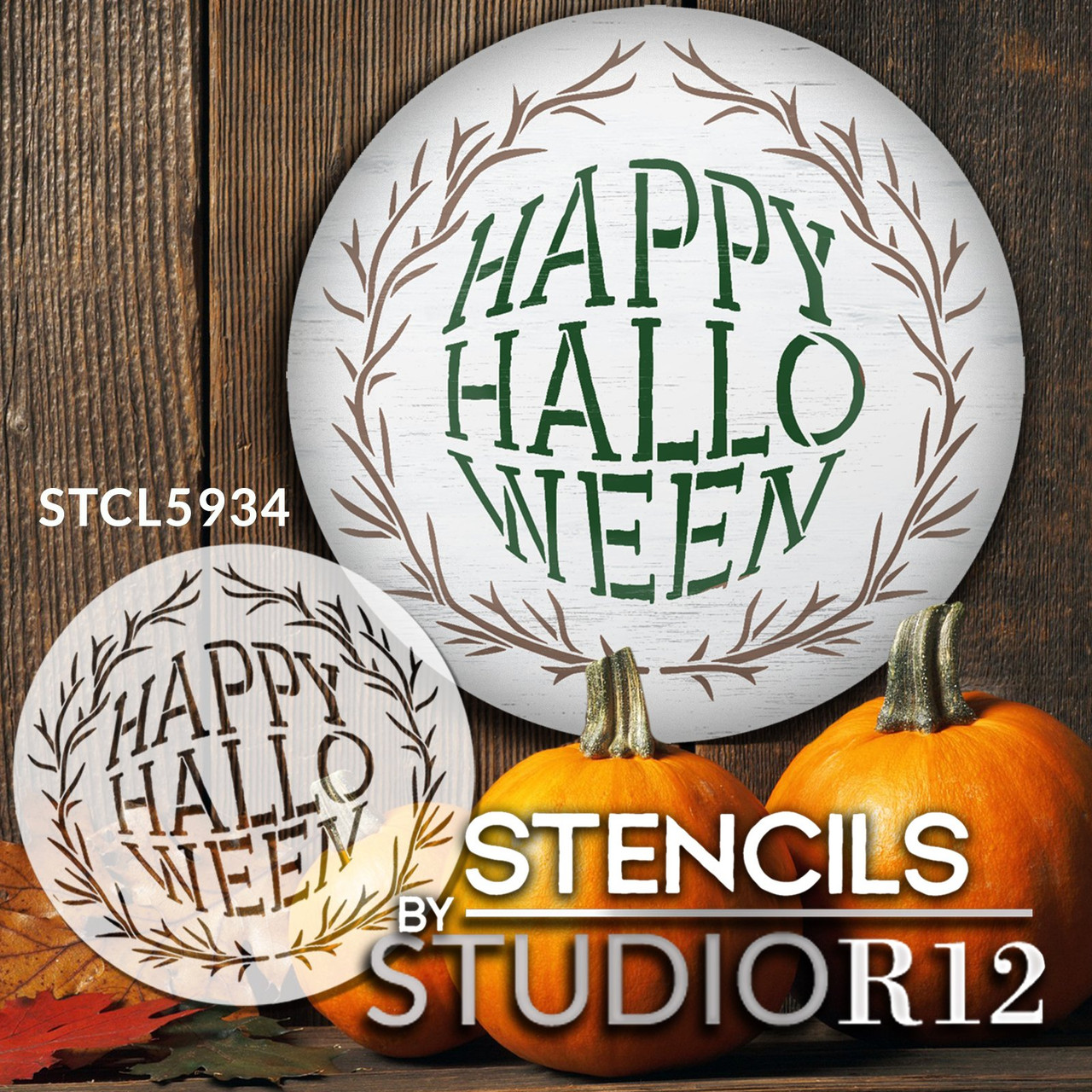 Happy Halloween Twig Wreath Round Stencil by StudioR12 | Craft DIY Fall Fisheye Home Decor | Paint Autumn Tree Branch Wood Sign | Select Size