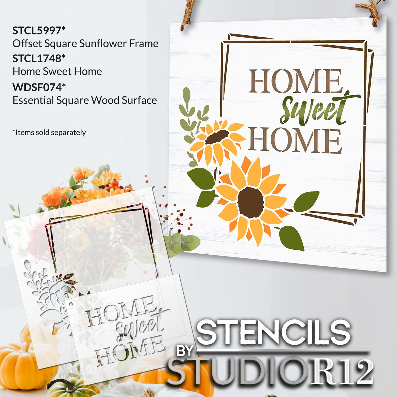 Square Geometric Sunflower Monogram Frame Stencil by StudioR12 - Select Size - USA MADE - Craft DIY Modern Home Decor | Paint Minimalist Wood Sign