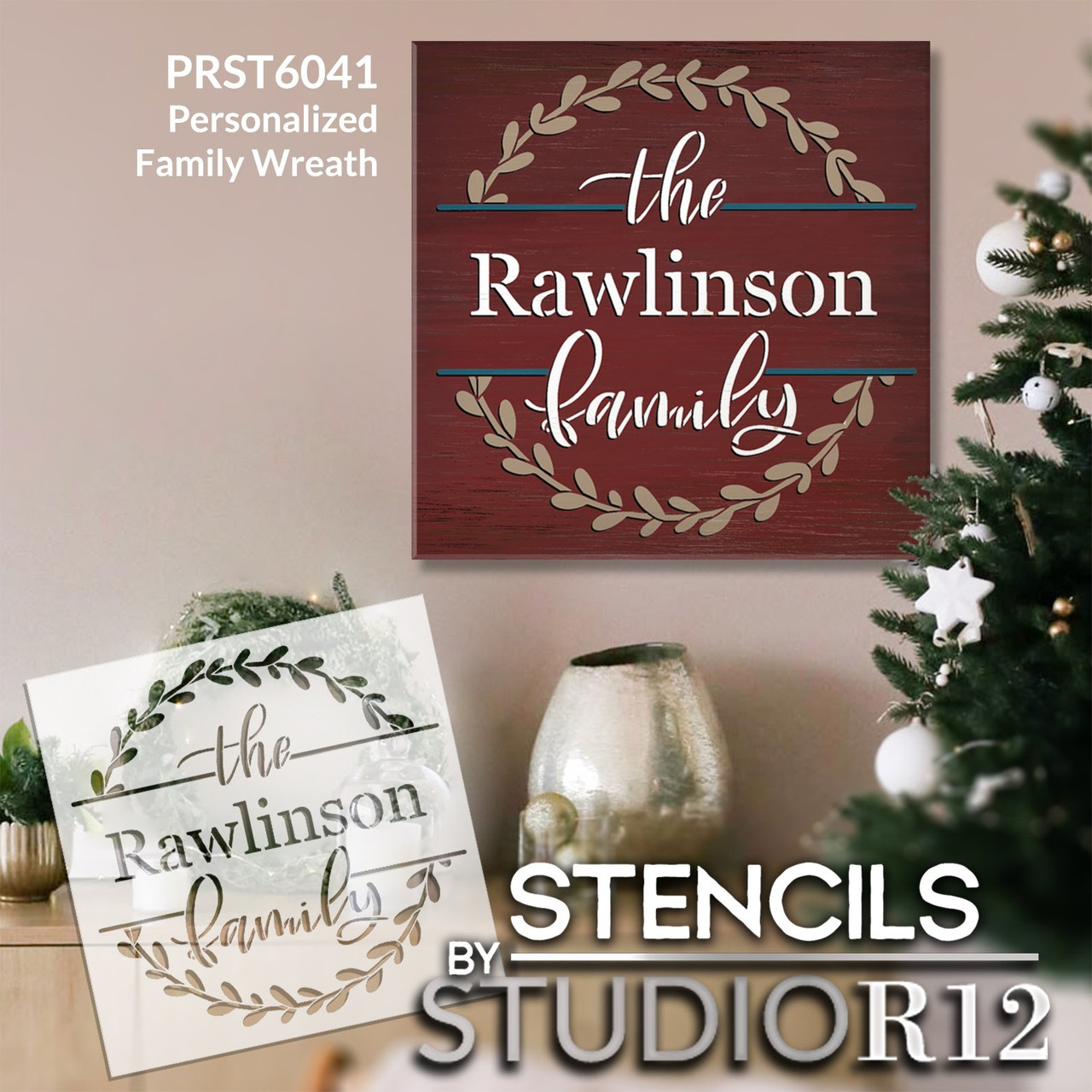 Personalized Family Stencil with Wreath by StudioR12 | DIY Farmhouse Front Door Home Decor | Craft & Paint Wood Signs | Select Size