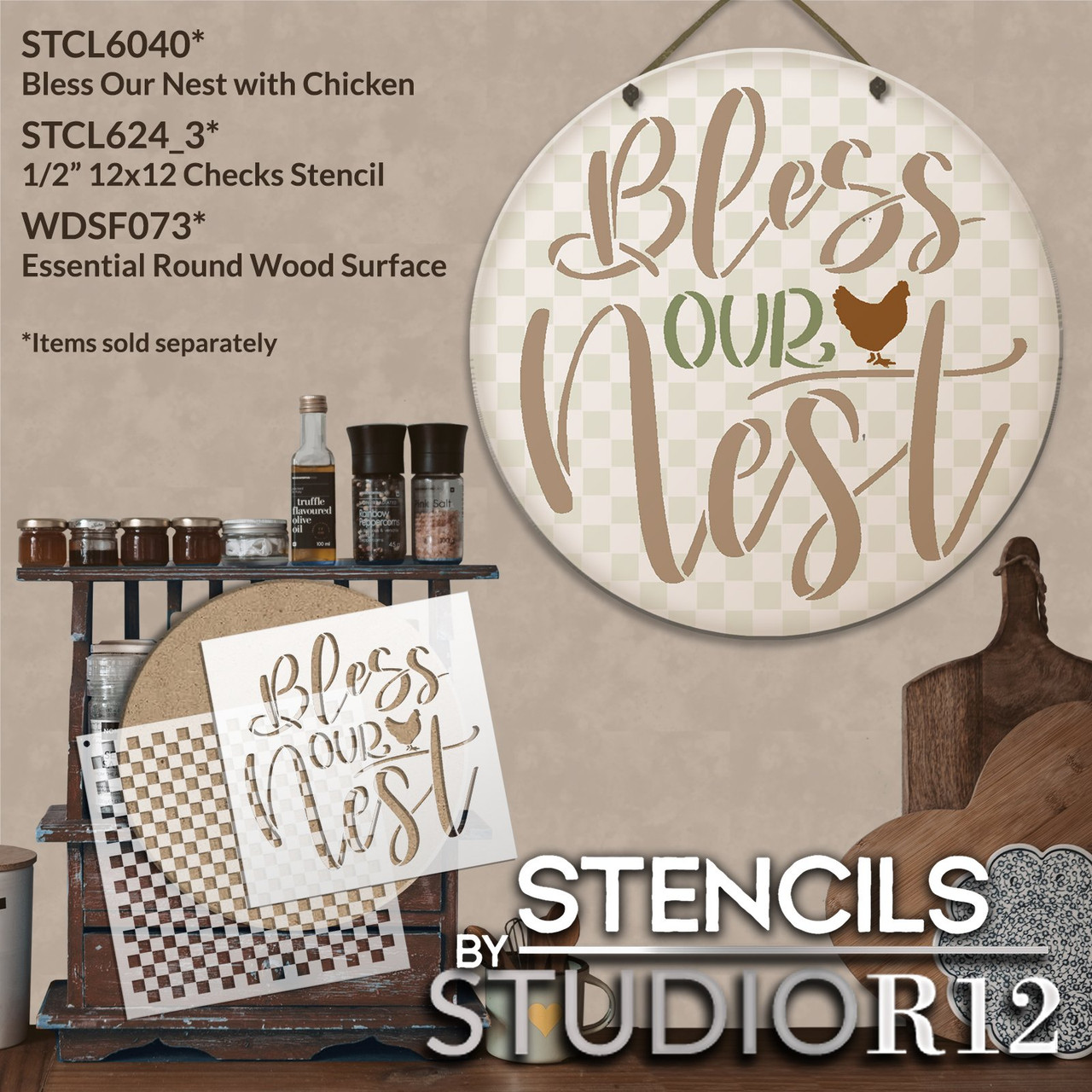 Bless Our Nest with Chicken Stencil by StudioR12 | Craft DIY Farmhouse Home Decor | Paint Wood Sign | Reusable Mylar Template | Select Size