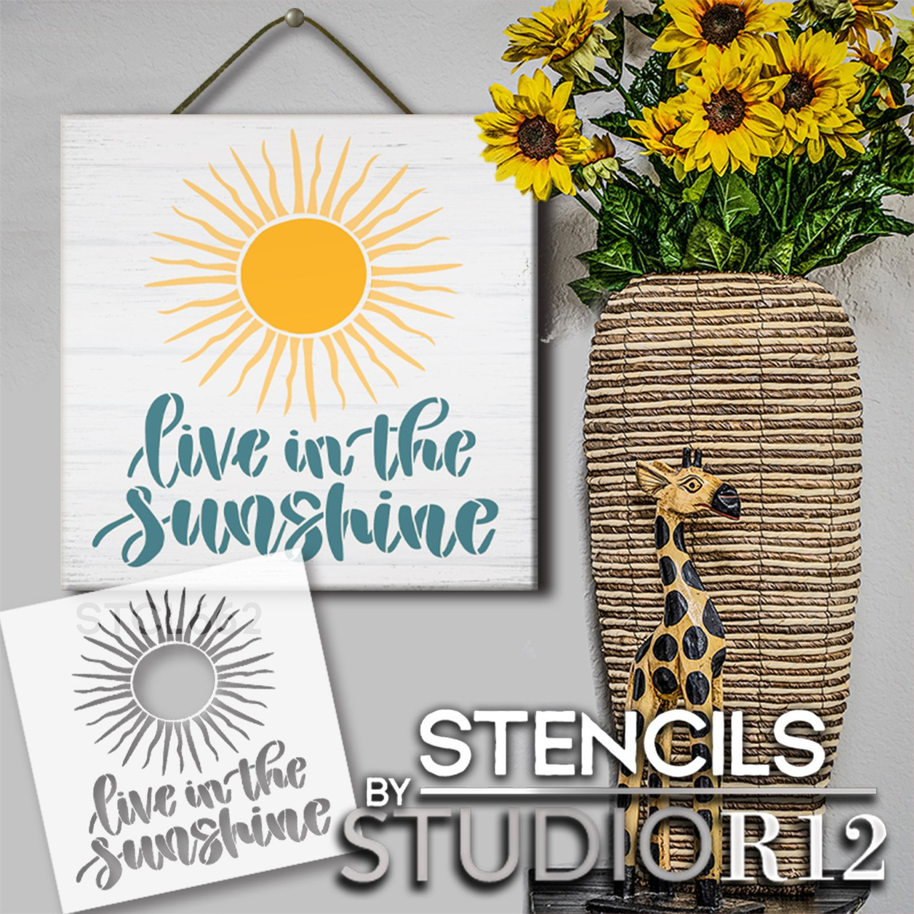 Live in The Sunshine Stencil by StudioR12 | Craft DIY Boho Home Decor | Paint Inspirational Wood Sign | Reusable Mylar Template | Select Size