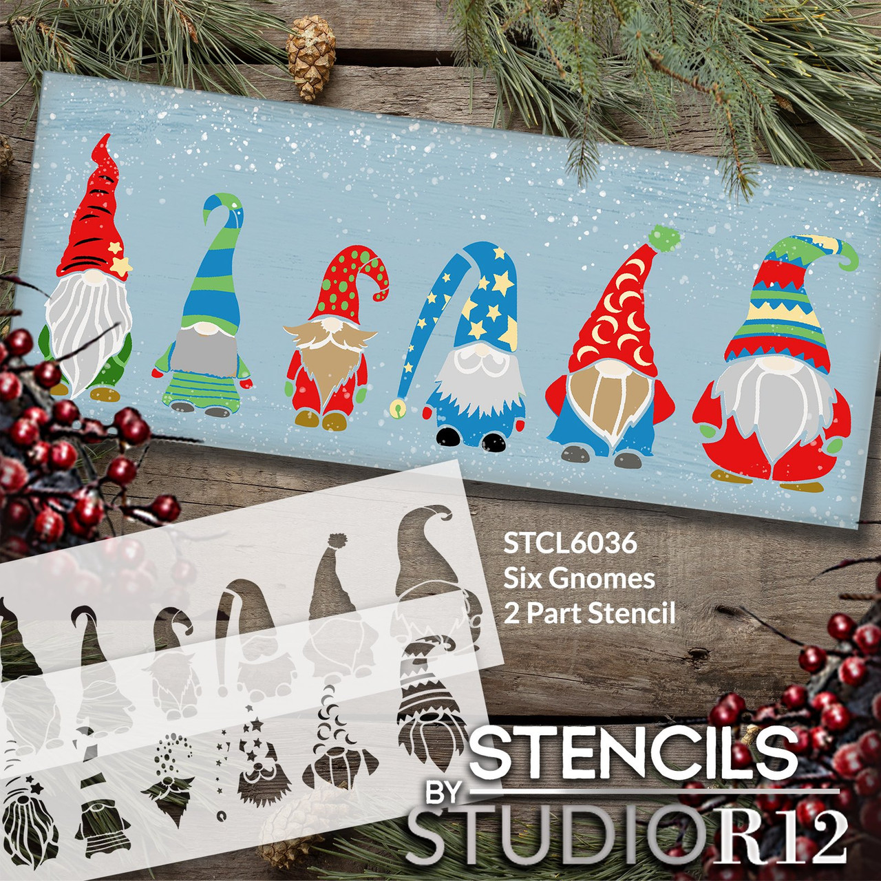 Six Gnomes 2-Part Stencil by StudioR12 | Craft DIY Garden Home Decor | Paint Spring Wood Sign | Reusable Mylar Template | Select Size