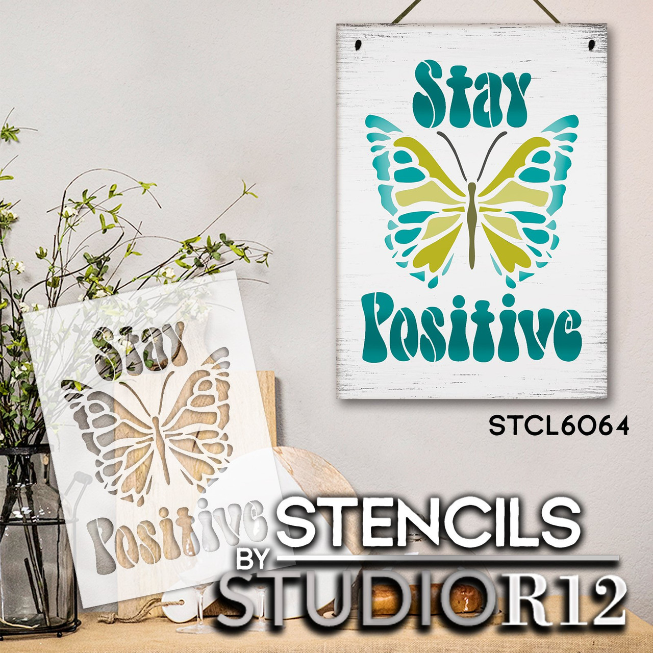 Stay Positive with Butterfly Stencil by StudioR12 | Craft DIY Boho Home Decor | Paint Inspirational Wood Sign | Reusable Mylar Template | Select Size