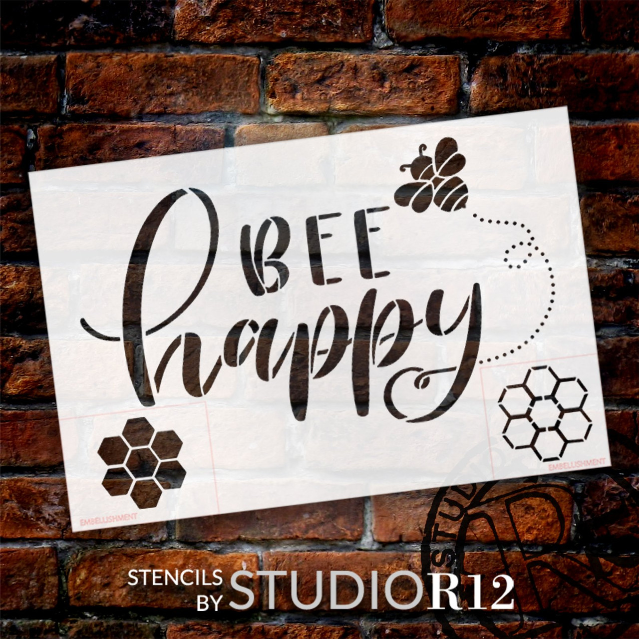 Bee Happy Script Stencil by StudioR12 | Craft DIY Spring Home Decor | Paint Inspirational Wood Sign | Reusable Mylar Template | Select Size