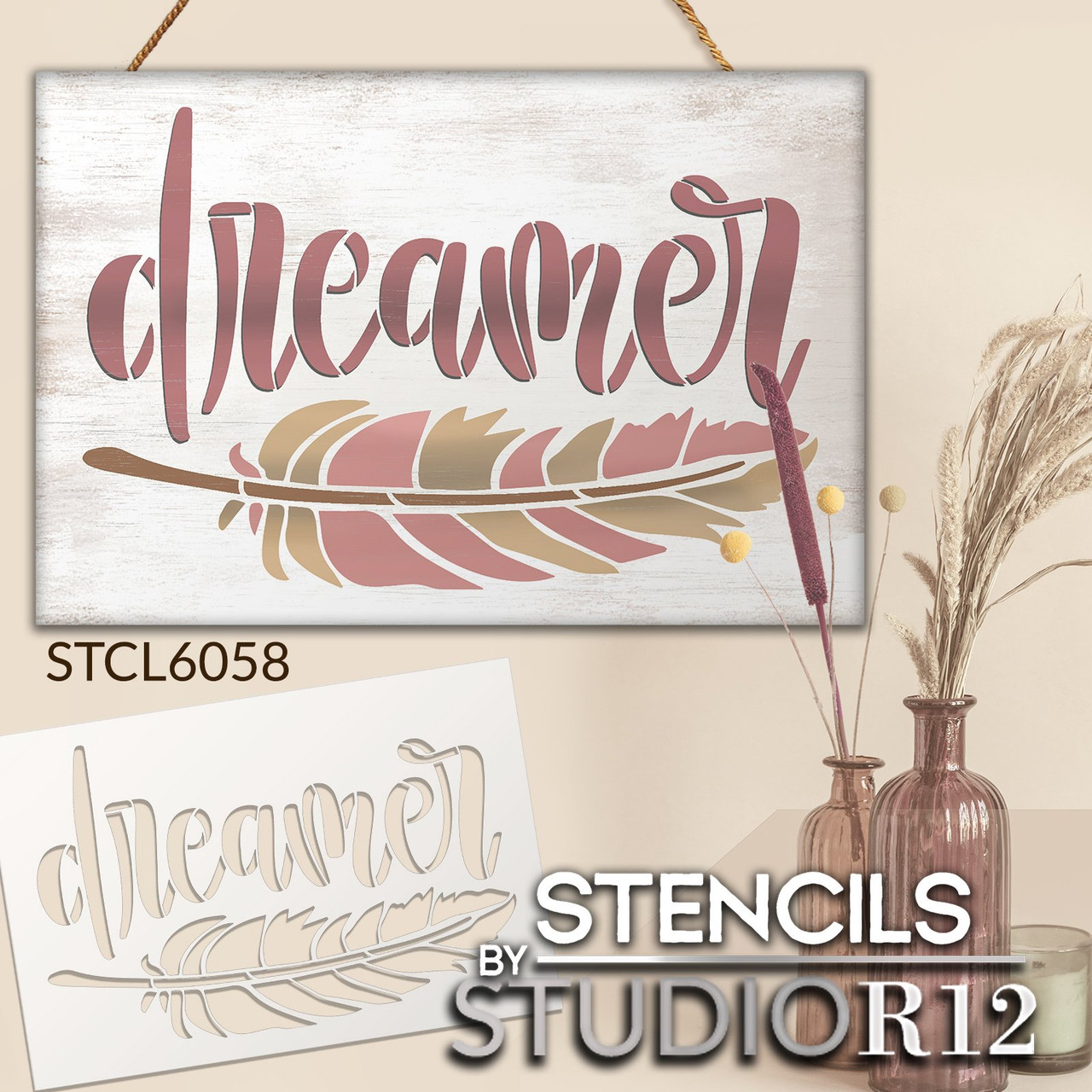 Dreamer with Feather Stencil by StudioR12 | Craft DIY Boho Home Decor | Paint Wood Sign | Reusable Mylar Template | Select Size