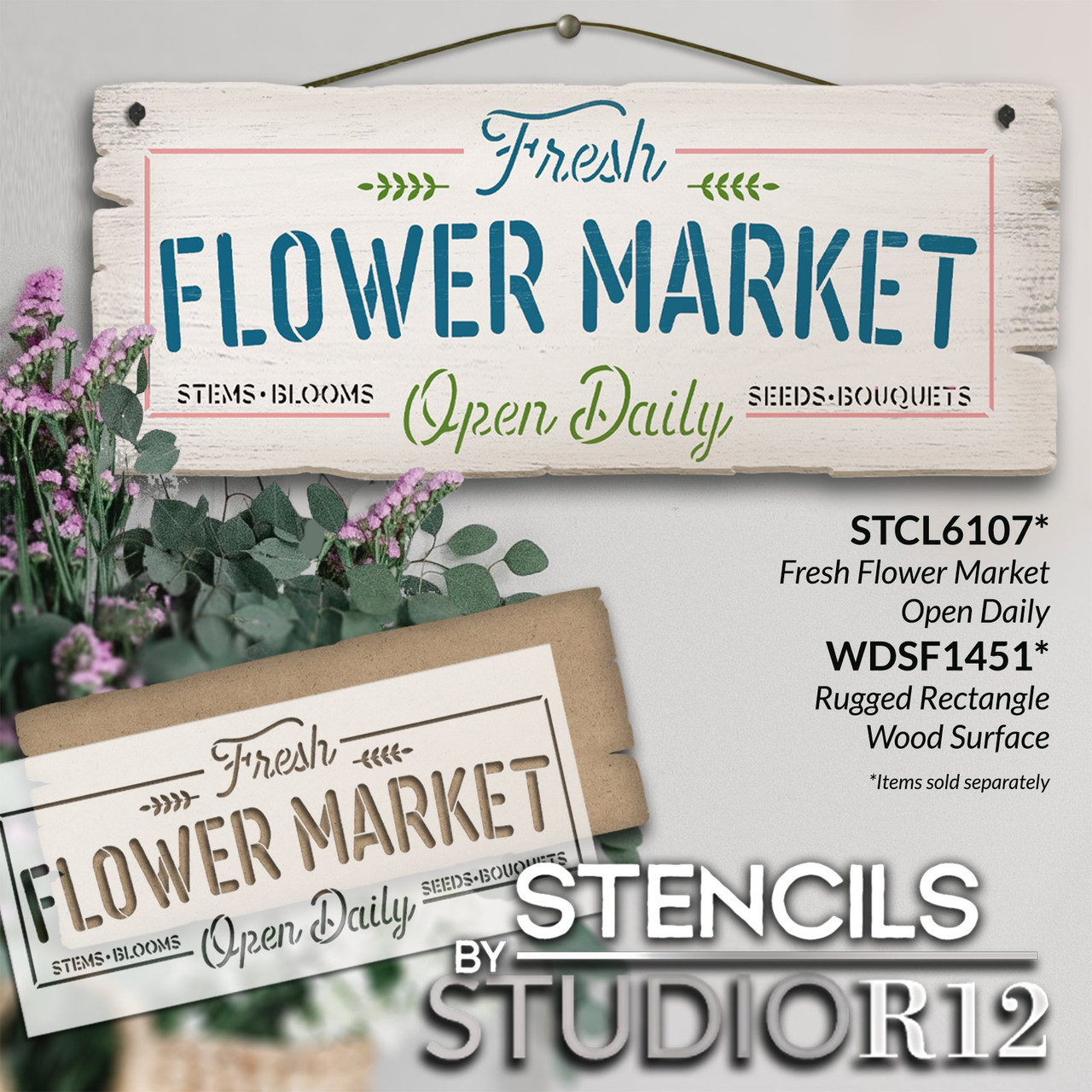 Fresh Flower Market Open Daily Stencil by StudioR12 | Craft DIY Spring Home Decor | Paint Farmhouse Wood Sign | Reusable Mylar Template | Select Size