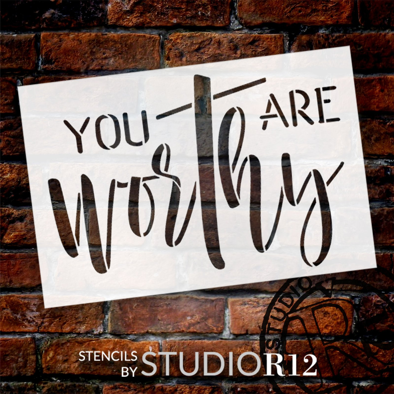 You are Worthy with Cross Stencil by StudioR12 | Craft DIY Inspirational Home Decor | Paint Faith Wood Sign | Reusable Mylar Template | Select Size