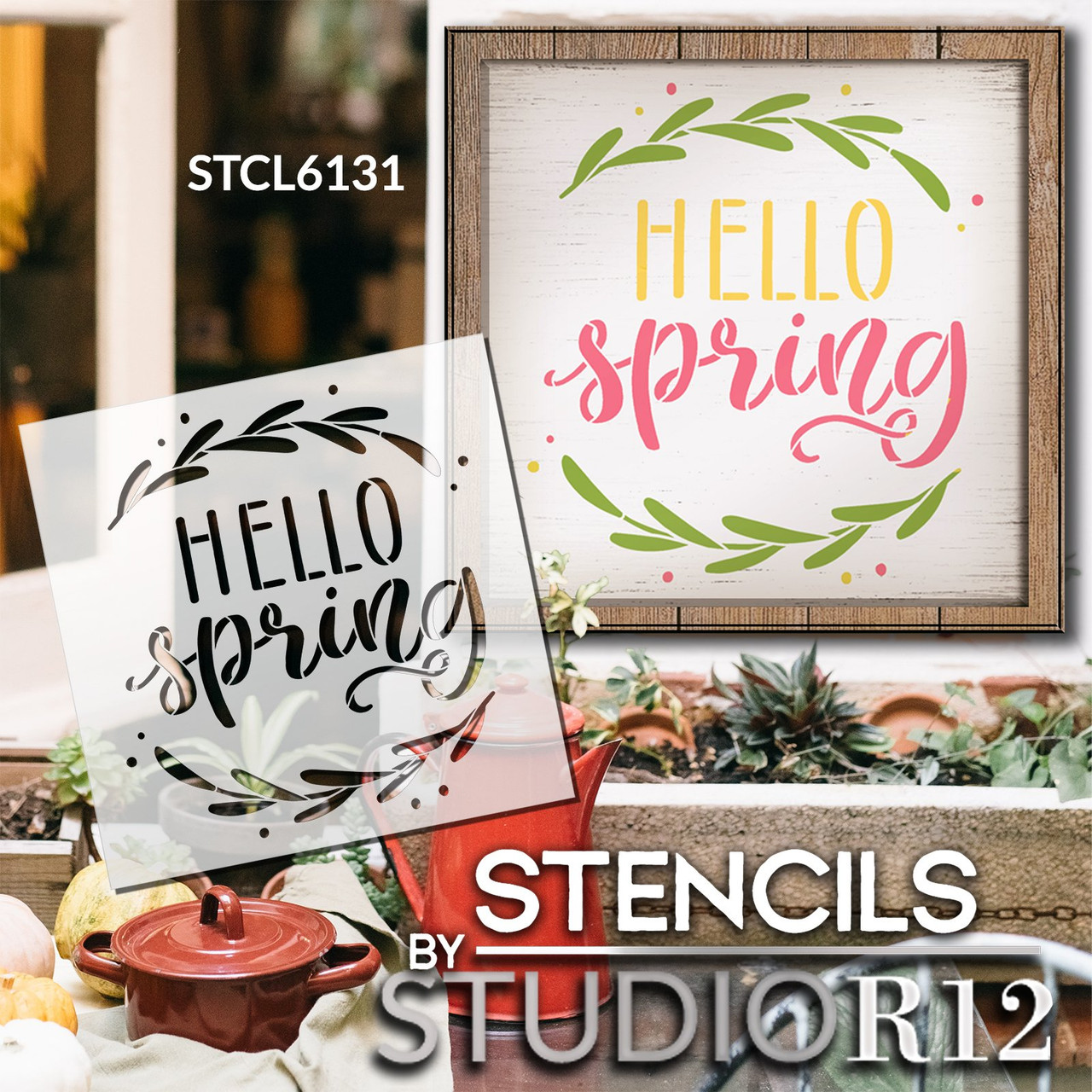 Hello Spring with Laurels Stencil by StudioR12 | Craft DIY Spring Home Decor | Paint Wood Sign | Reusable Mylar Template | Select Size