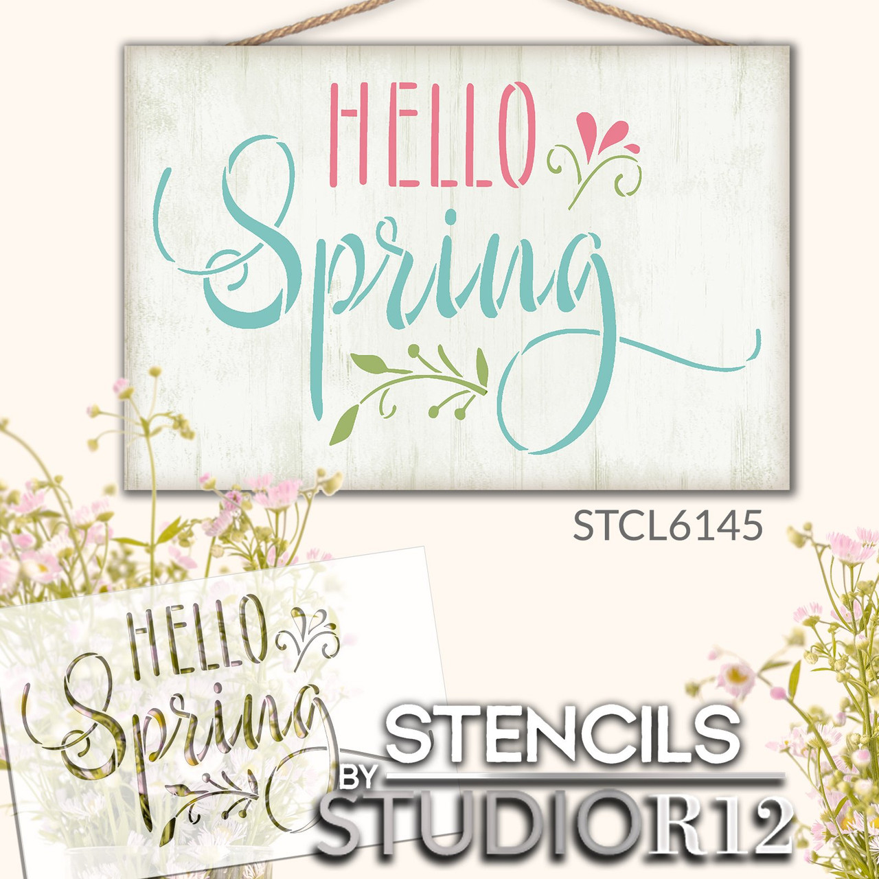 Embellished Hello Spring Stencil by StudioR12 | Craft DIY Spring Home Decor | Paint Seasonal Wood Sign | Reusable Mylar Template | Select Size