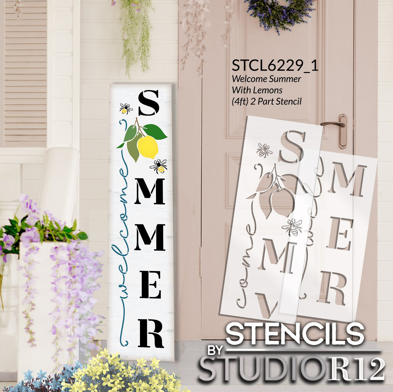 Welcome Summer Tall Porch Stencil with Lemons & Bees by StudioR12 | DIY Outdoor Front Door Decor | Craft & Paint Wood Leaner Sign | Select Size