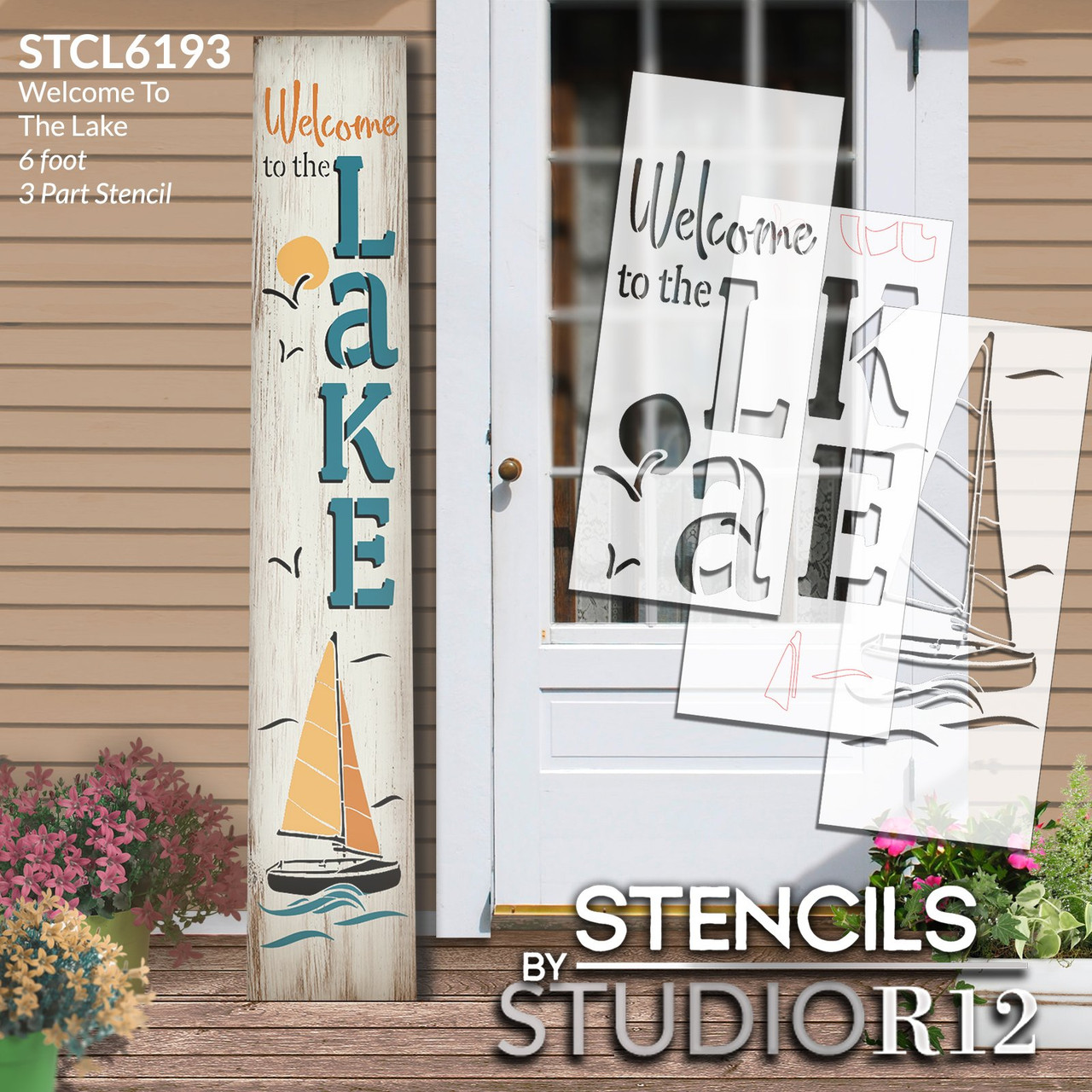 Welcome to The Lake Porch Sign Stencil by StudioR12 | DIY Outdoor Summer Home Decor | Craft & Paint Vertical Wood Leaners | Select Size