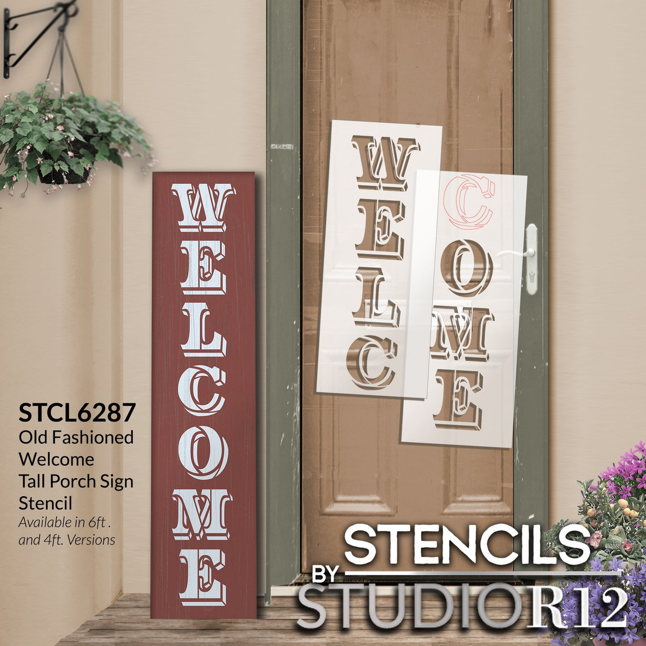 Old-Fashioned Welcome Stencil by StudioR12 | DIY Outdoor Farmhouse Home Decor | Craft Vertical Wood Leaner Signs | Select Size
