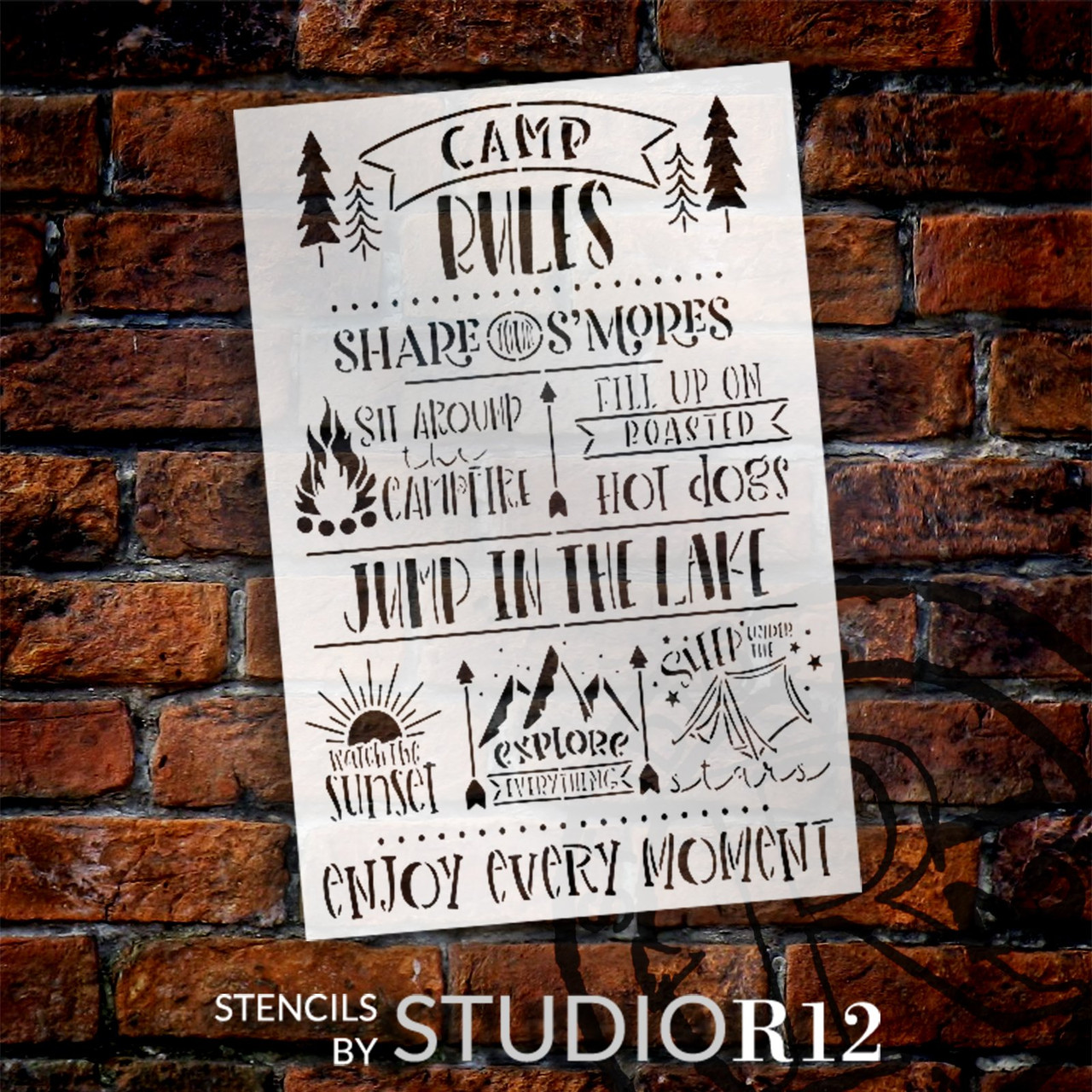 Camp Rules Stencil by StudioR12 | Craft DIY Outdoor Home Decor | Paint Camping Wood Sign | Reusable Mylar Template | Select Size