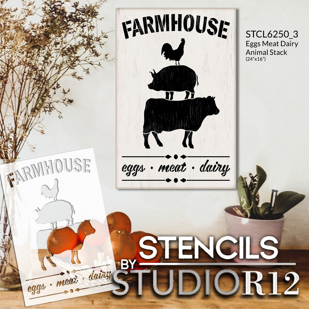 Eggs Meat Dairy Animal Stack Stencil by StudioR12 | Craft DIY Farmhouse Home Decor | Paint Kitchen Wood Sign | Reusable Mylar Template | Select Size