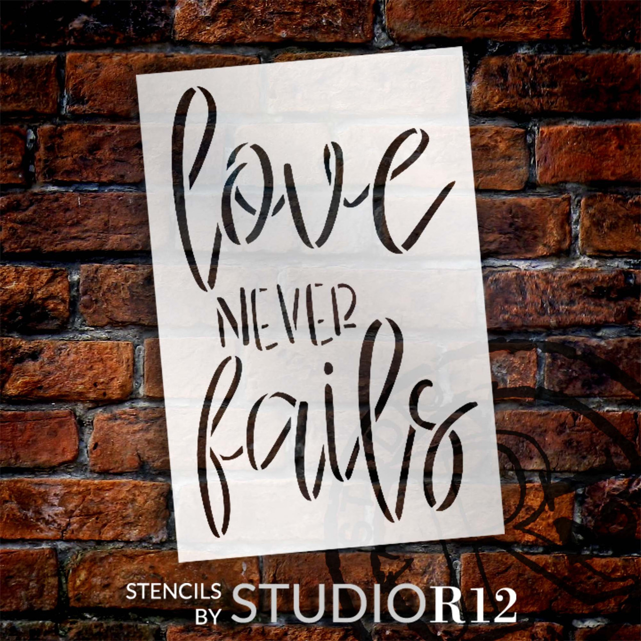 Love Never Fails Script Stencil by StudioR12 | Craft DIY Religious Home Decor | Paint Faith Wood Sign | Reusable Mylar Template | Select Size